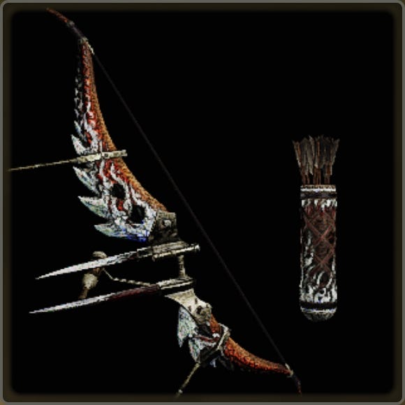 A close-up of a weapon in Monster Hunter Wilds against a black background.