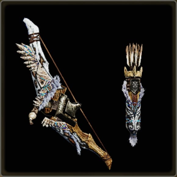 A close-up of a weapon in Monster Hunter Wilds against a black background.