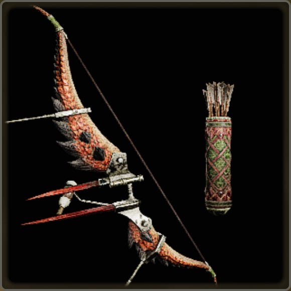 A close-up of a weapon in Monster Hunter Wilds against a black background.