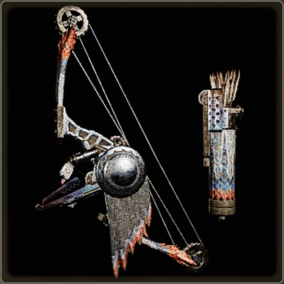 A close-up of a weapon in Monster Hunter Wilds against a black background.