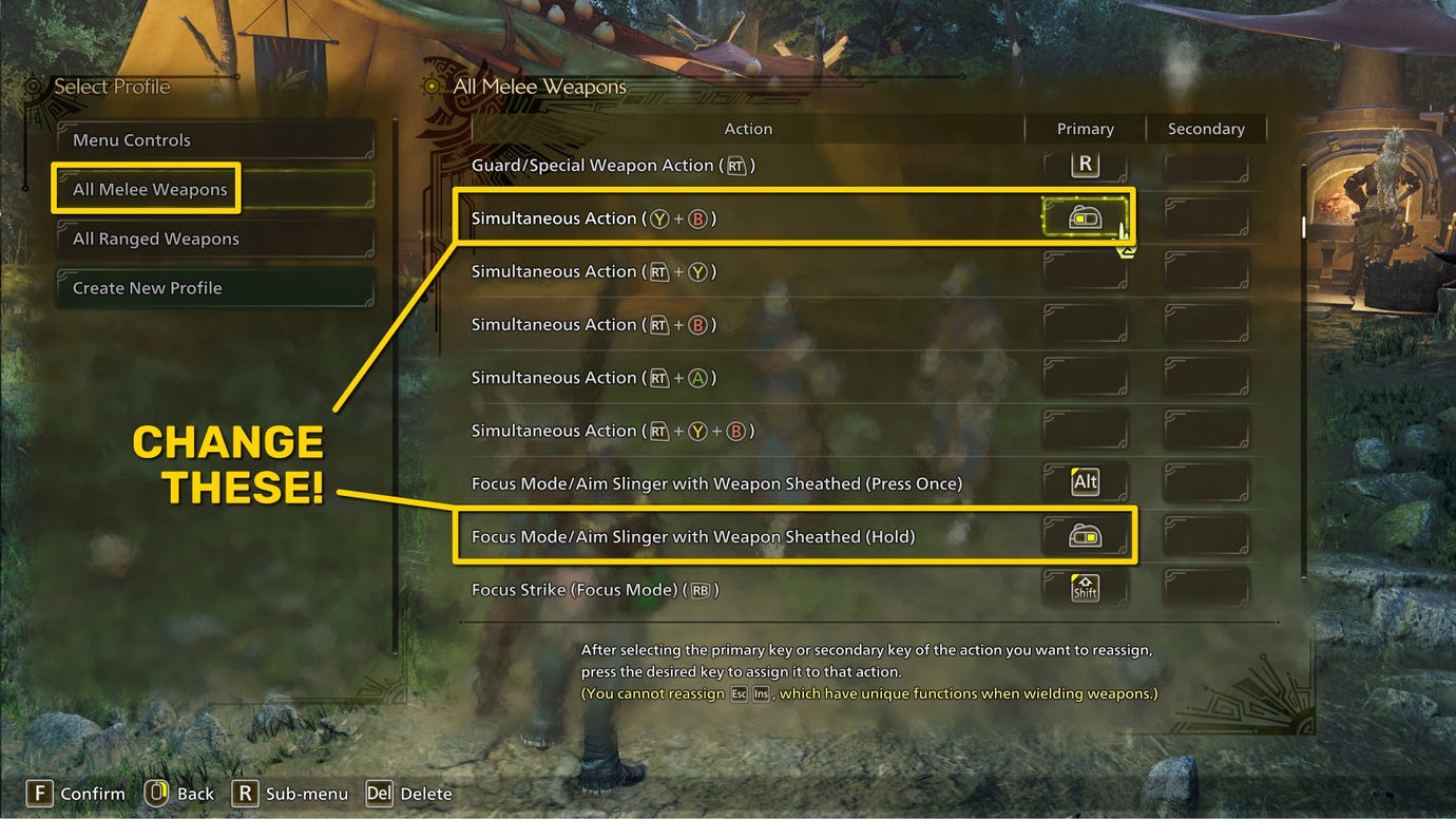 A screenshot of the Monster Hunter Wilds keyboard configuration menu, with the Focus Mode and Simultaneous Action keybinds highlighted.