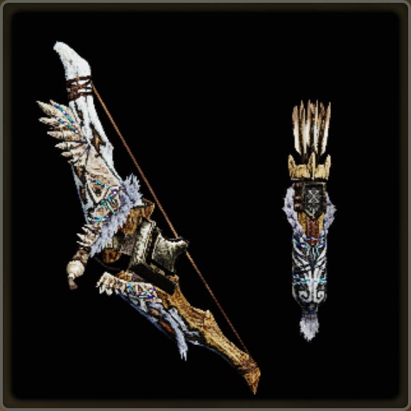 A close-up of a weapon in Monster Hunter Wilds against a black background.
