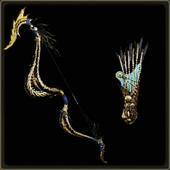 A close-up of a weapon in Monster Hunter Wilds against a black background.
