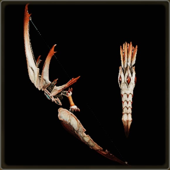 A close-up of a weapon in Monster Hunter Wilds against a black background.