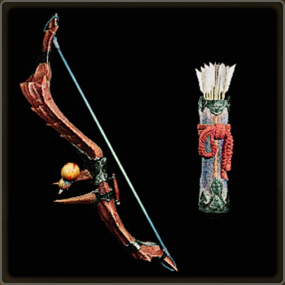 A close-up of a weapon in Monster Hunter Wilds against a black background.