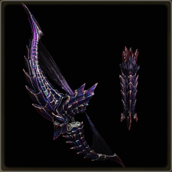 A close-up of a weapon in Monster Hunter Wilds против черного фона.