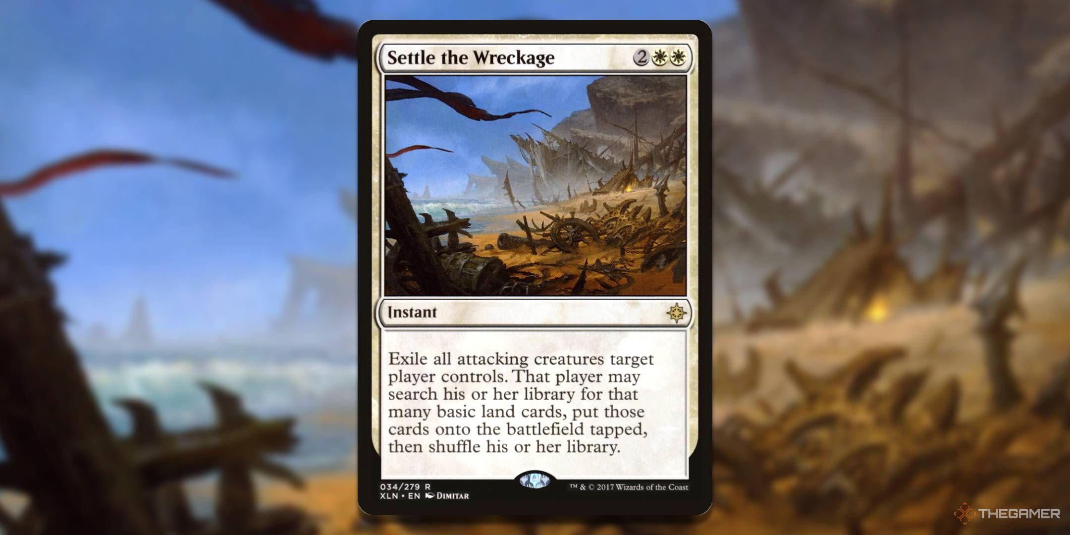 MTG Settle the Wreckage card with the art in the background.