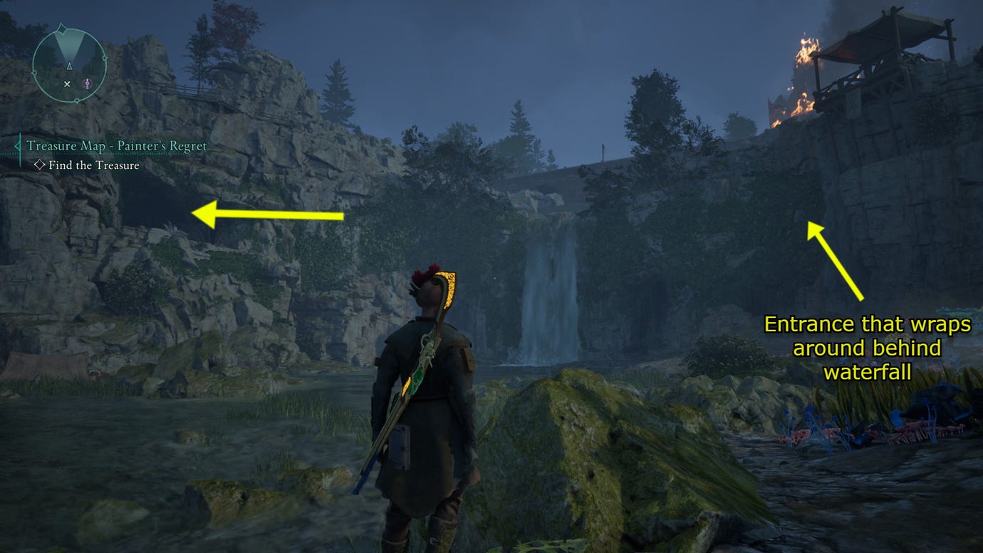 A map showing how to reach the hidden Painter's Brush trinket in Avowed. Arrows show a pathway behind a waterfall that leads to an alcove where the treasure is stored.