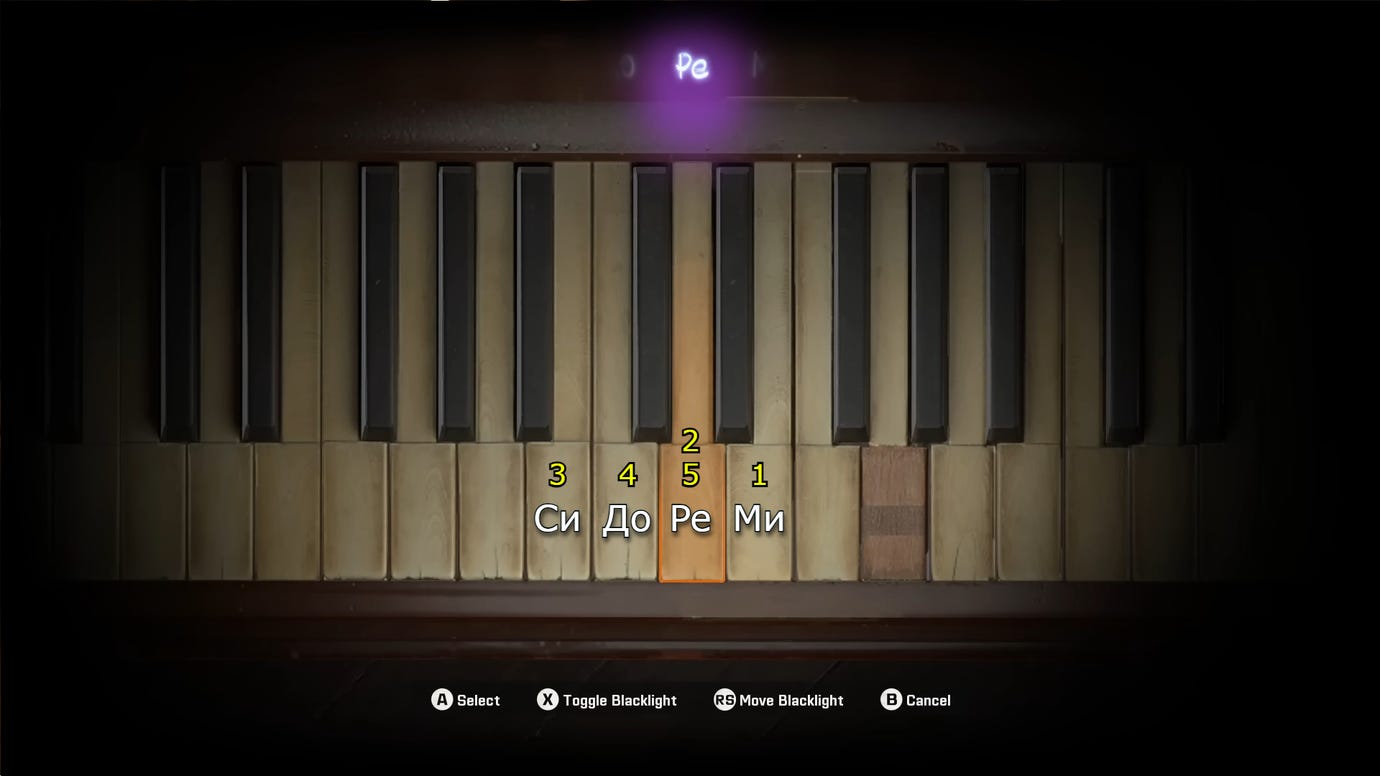 The Piano puzzle in Black Ops 6's safehouse, with the correct key combination (1. &Mcy;&icy;, 2. &Rcy;e, 3. C&icy;, 4. &Dcy;&ocy;, 5. Pe) outlined.