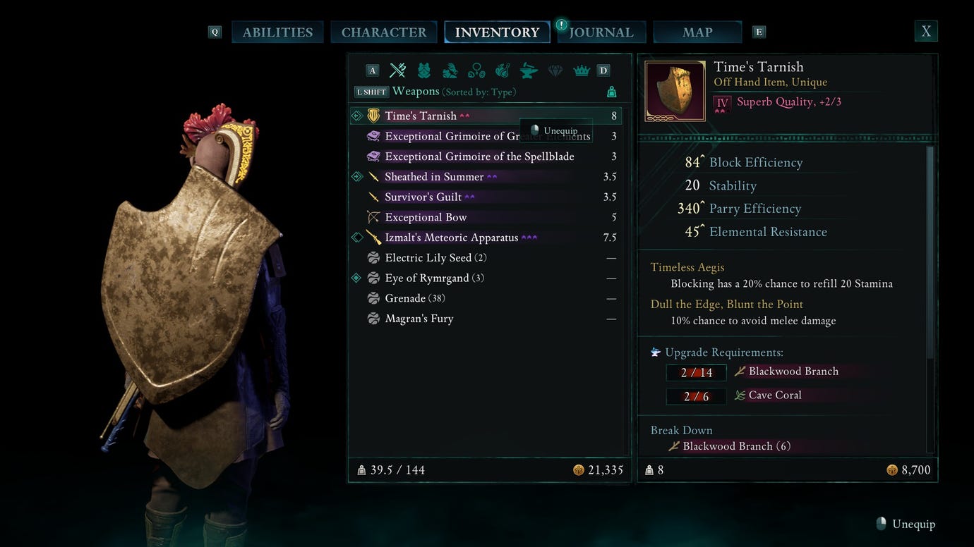 The inventory screen in Avowed, showing the description for the Time's Tarnish unique shield.