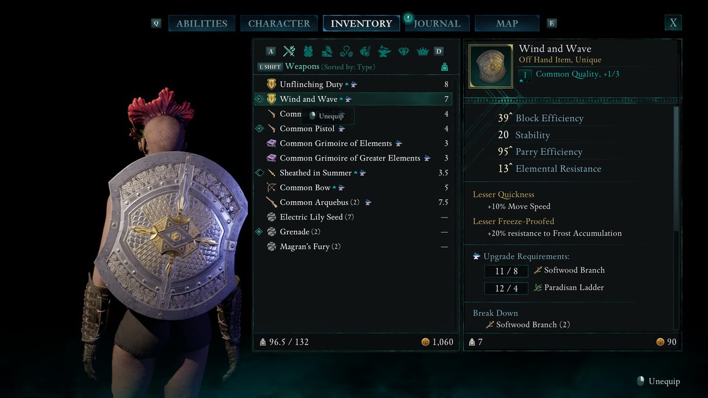 The inventory screen in Avowed showing the stats for the Wind and Wave shield.