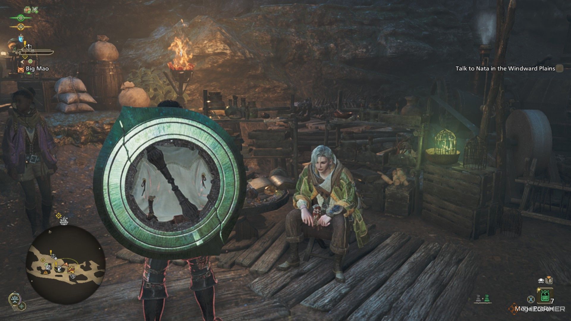 The image shows Erik sitting in the Scarlet Forest Base Camp in Monster Hunter Wilds.