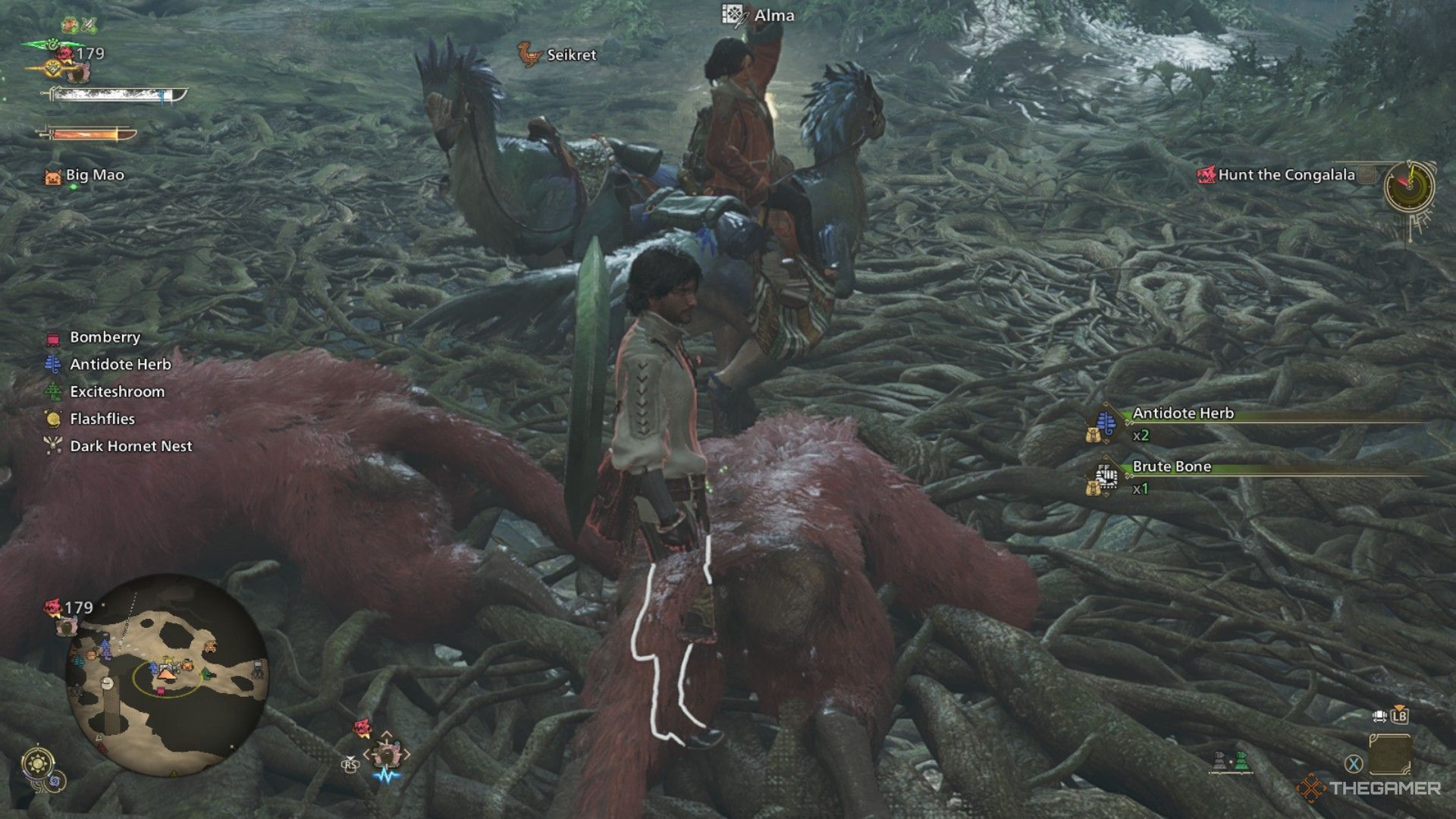 The image shows that the Hunter has obtained a Brute Bone from a Conga carcass in Monster Hunter Wilds.