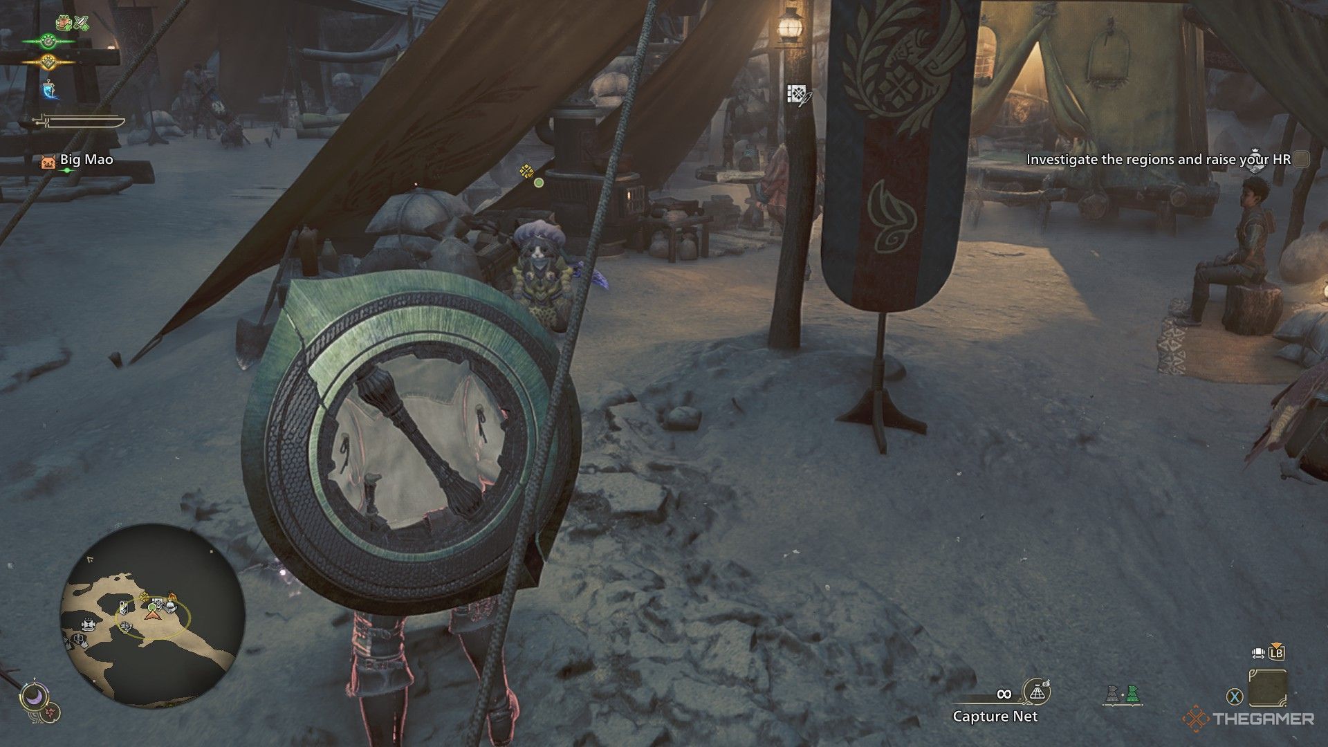 The image shows the Hunter approaching their Palico to accept the Flash Course side quest in Monster Hunter Wilds.