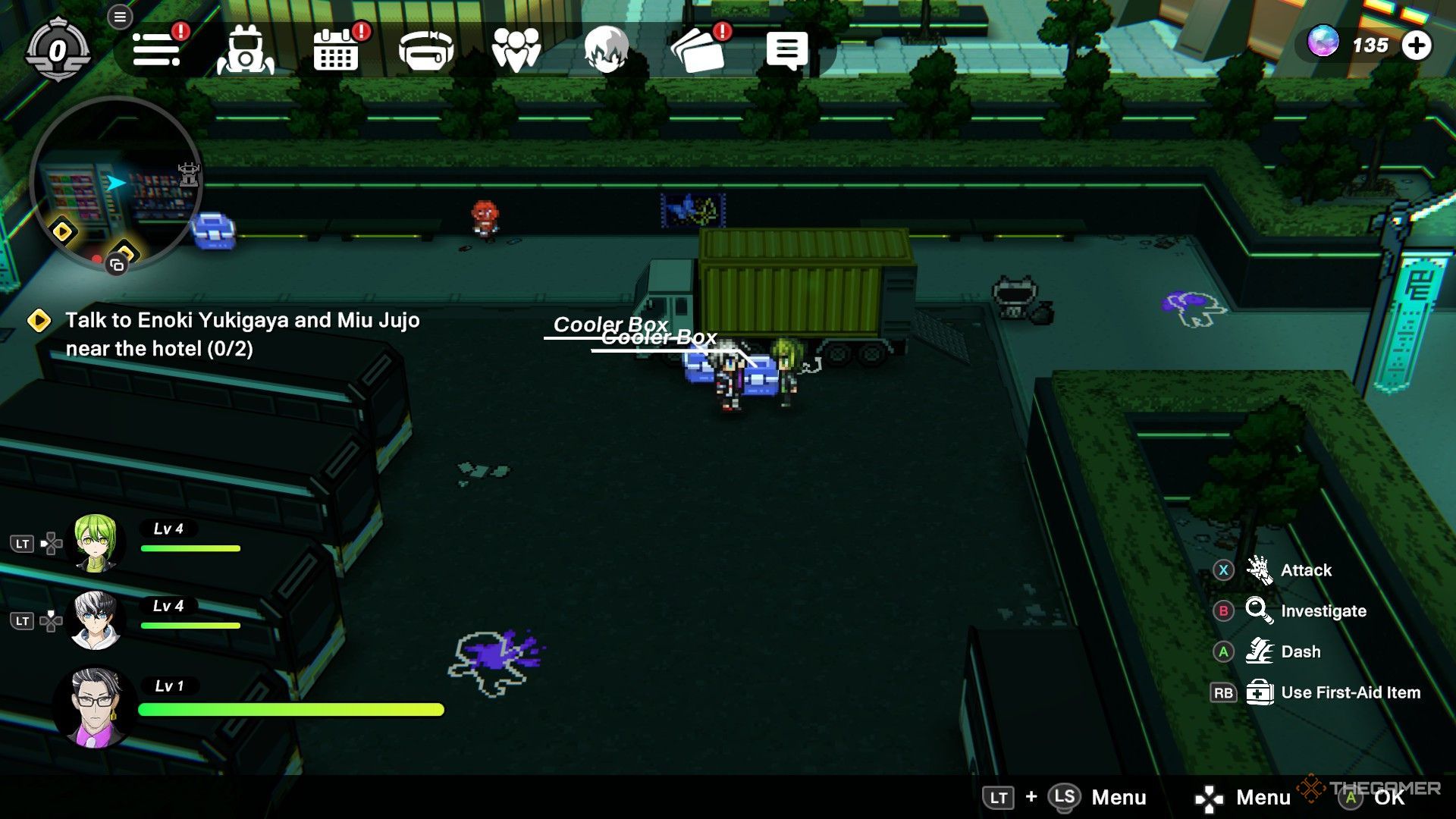 The image shows Yo Kuronaka and party is about to interact with a cooler box in Tribe Nine.