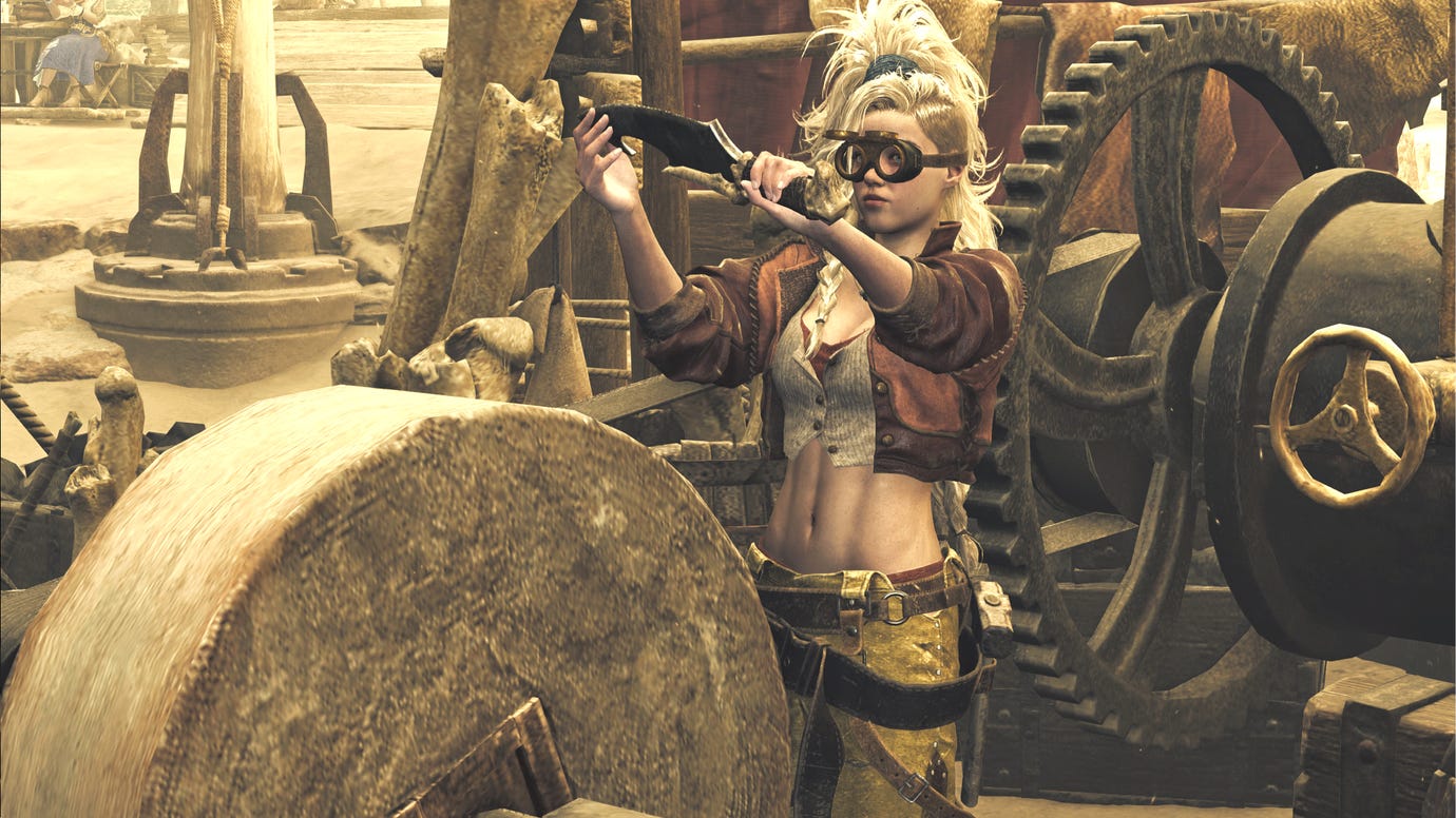 Gemma the Blacksmith, a key NPC in Monster Hunter Wilds, examines a knife that she is sharpening at a wheel in her Smithy.