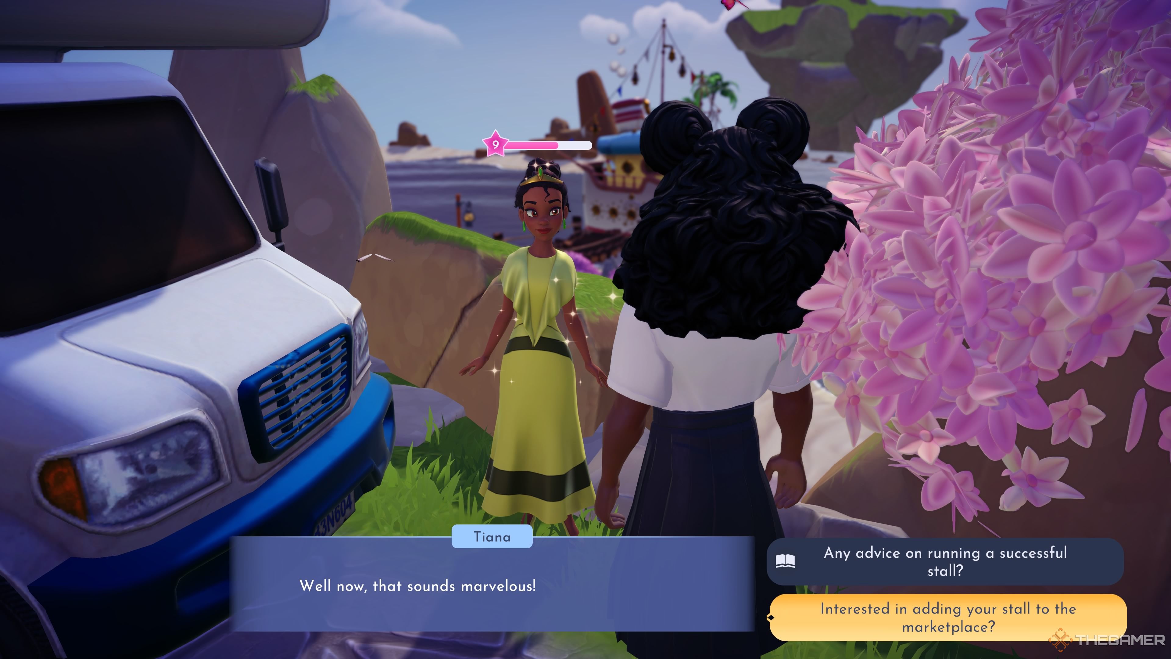 Player character talking to Tiana and asking her if she wants to join Aladdin's market in Disney Dreamlight Valley.