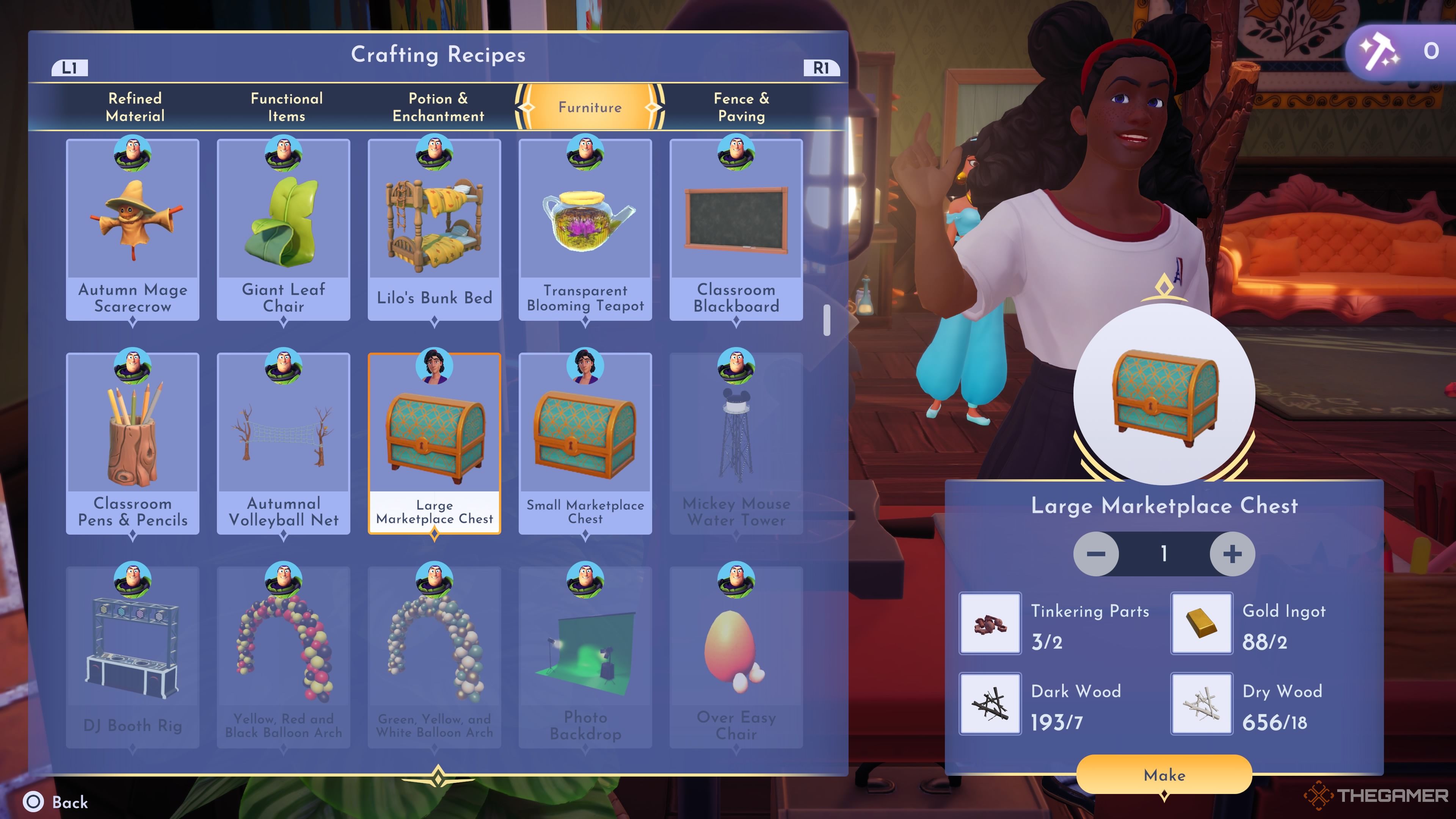 Player character at their crafting bench about to make a Large Marketplace Chest in Disney Dreamlight Valley.
