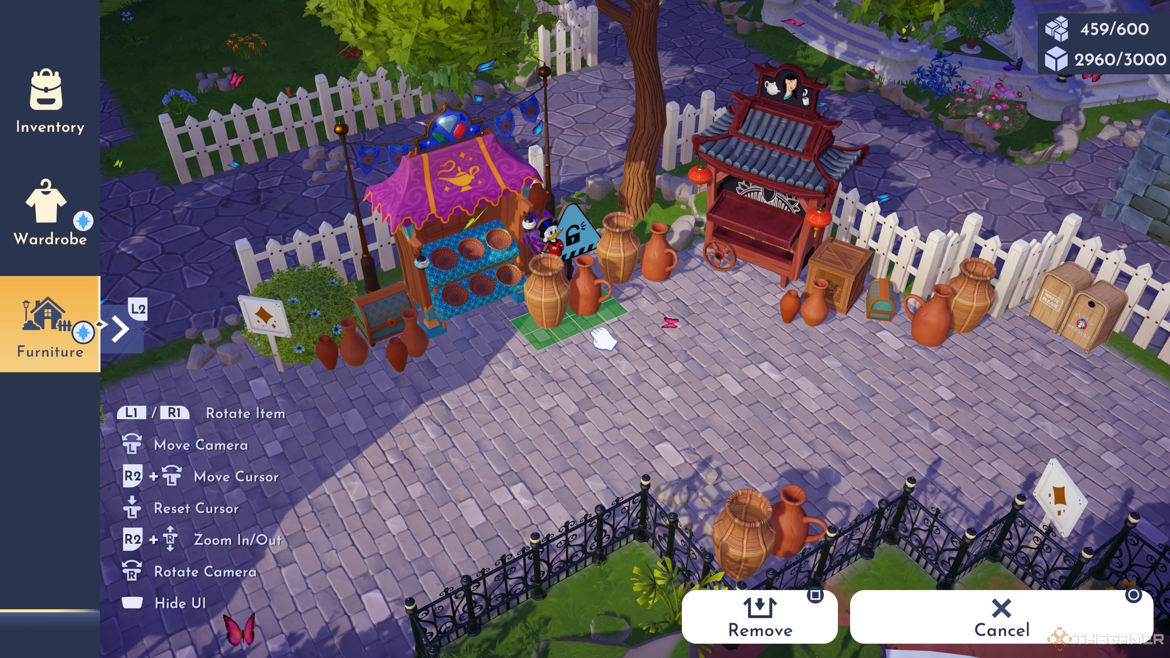 Player character in furniture mode and placing down the Gem Stall, Mulan's Stall and market decorations in Disney Dreamlight Valley.