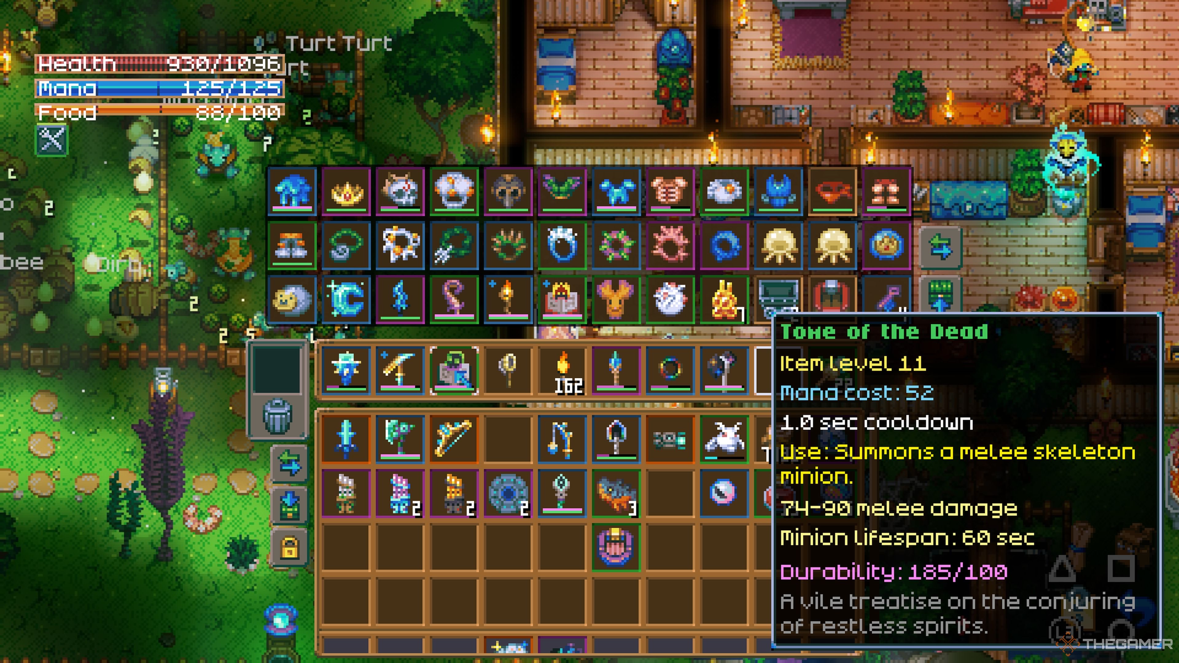 Player character looking at the stats of an un-upgraded Tome of the Dead in Core Keeper.