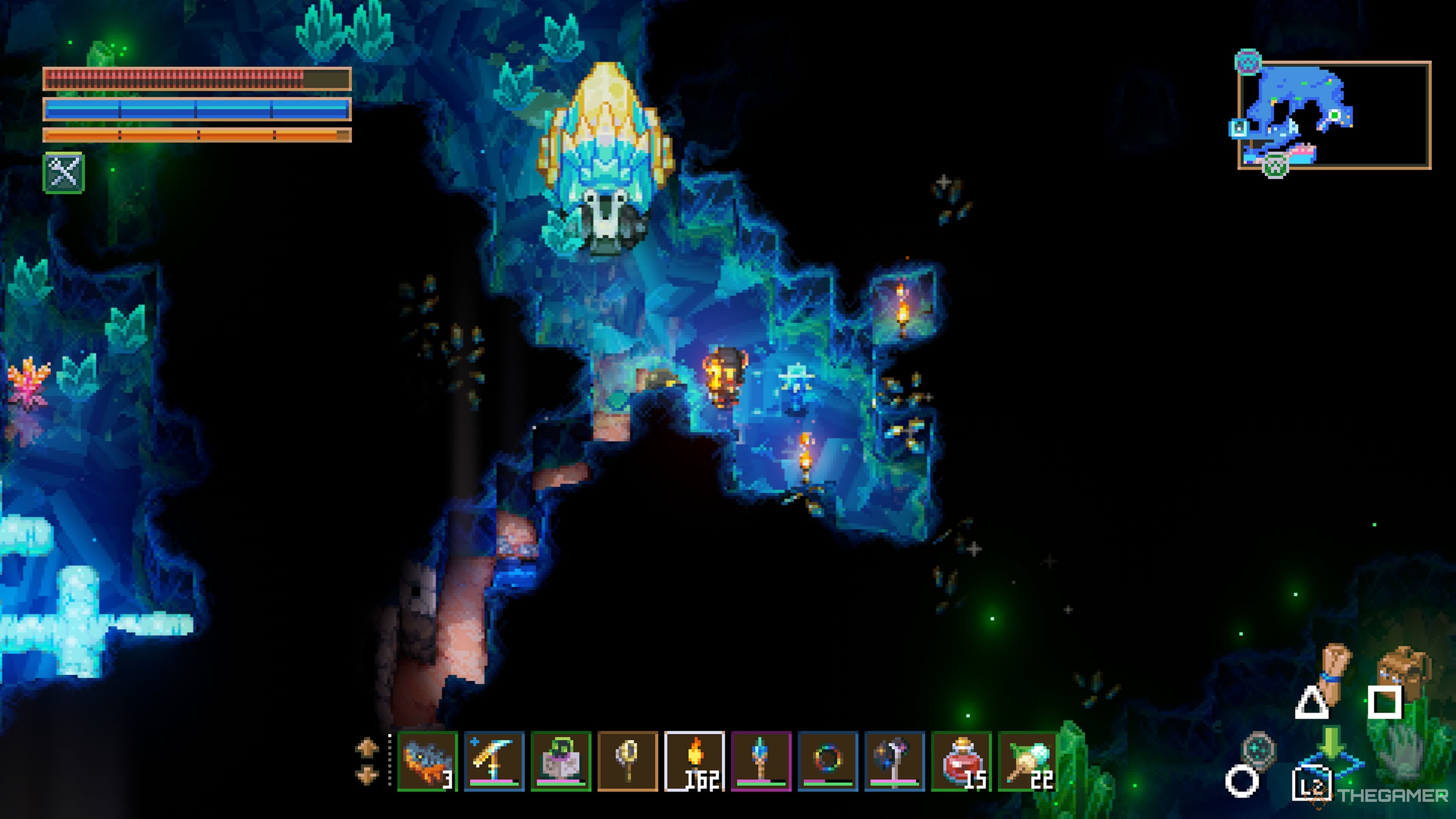 Player character standing next to a Crystal Shard Club drop from an enemy in Core Keeper.