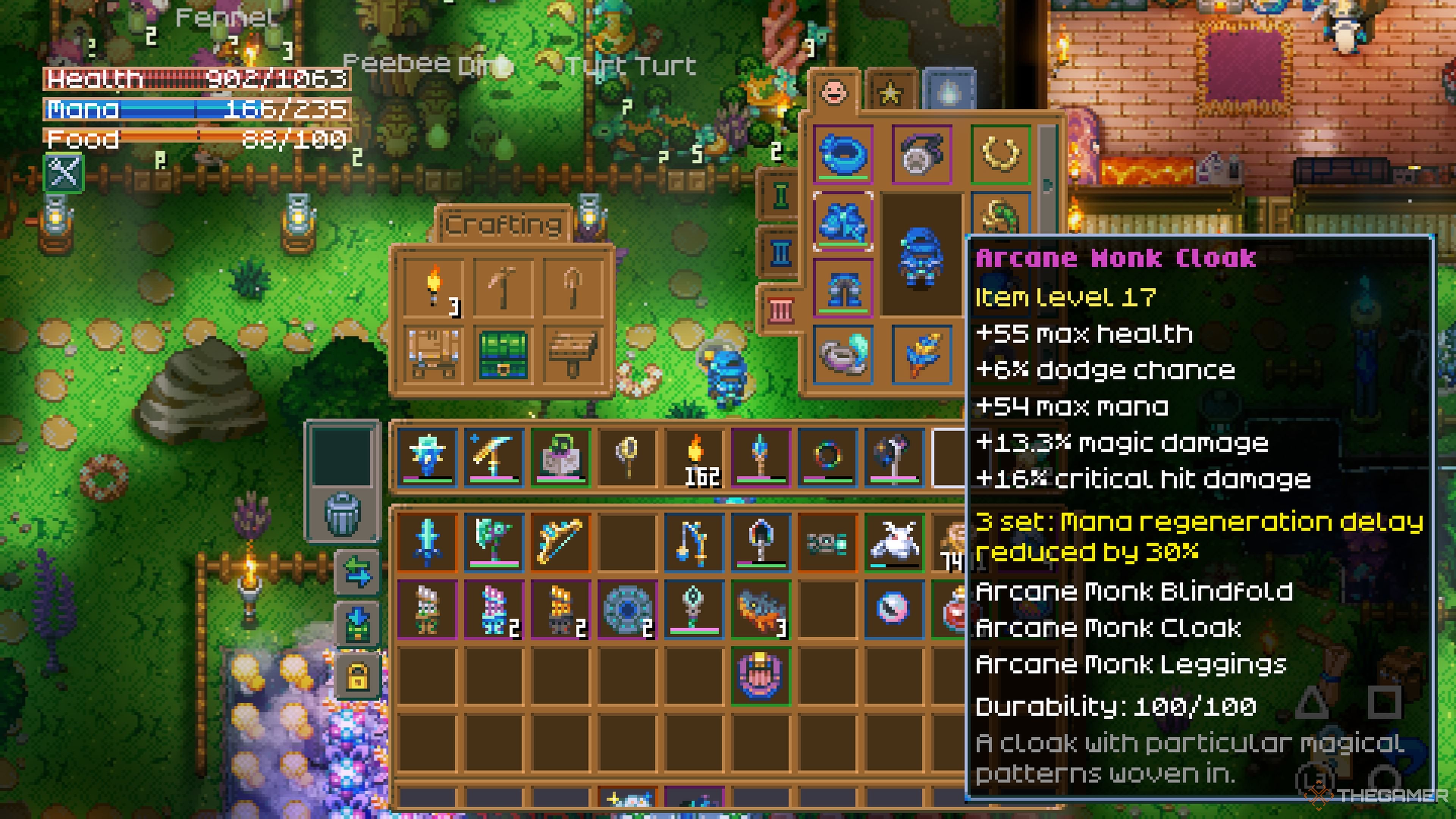 Player character with the whole Arcane Monk set equipped showing the set bonus in Core Keeper.