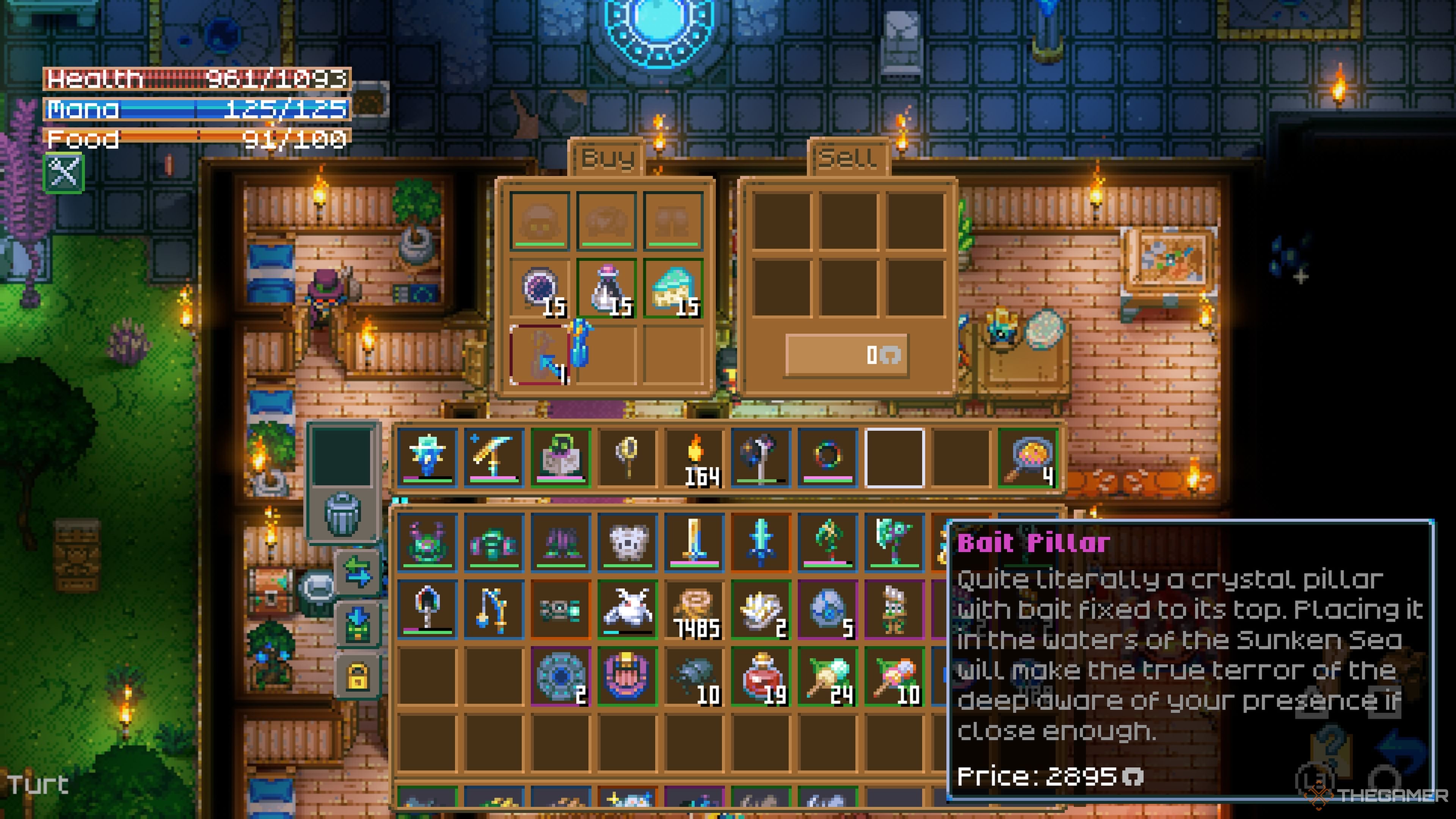 Player character buying the Bait Pillar from the Brave Merchant in Core Keeper.