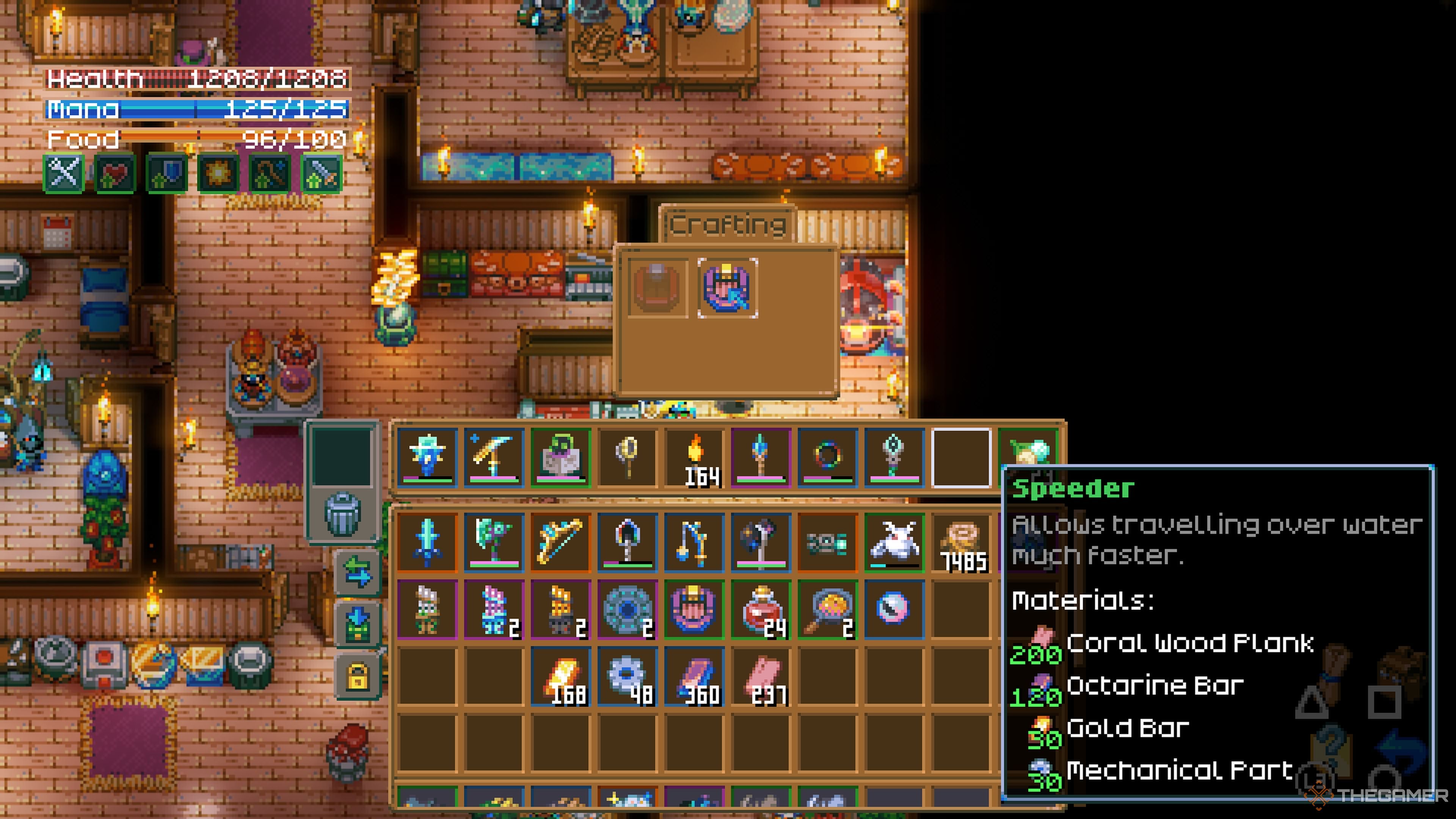 Player character using a Boat Workbench to craft a Speeder boat in Core Keeper.