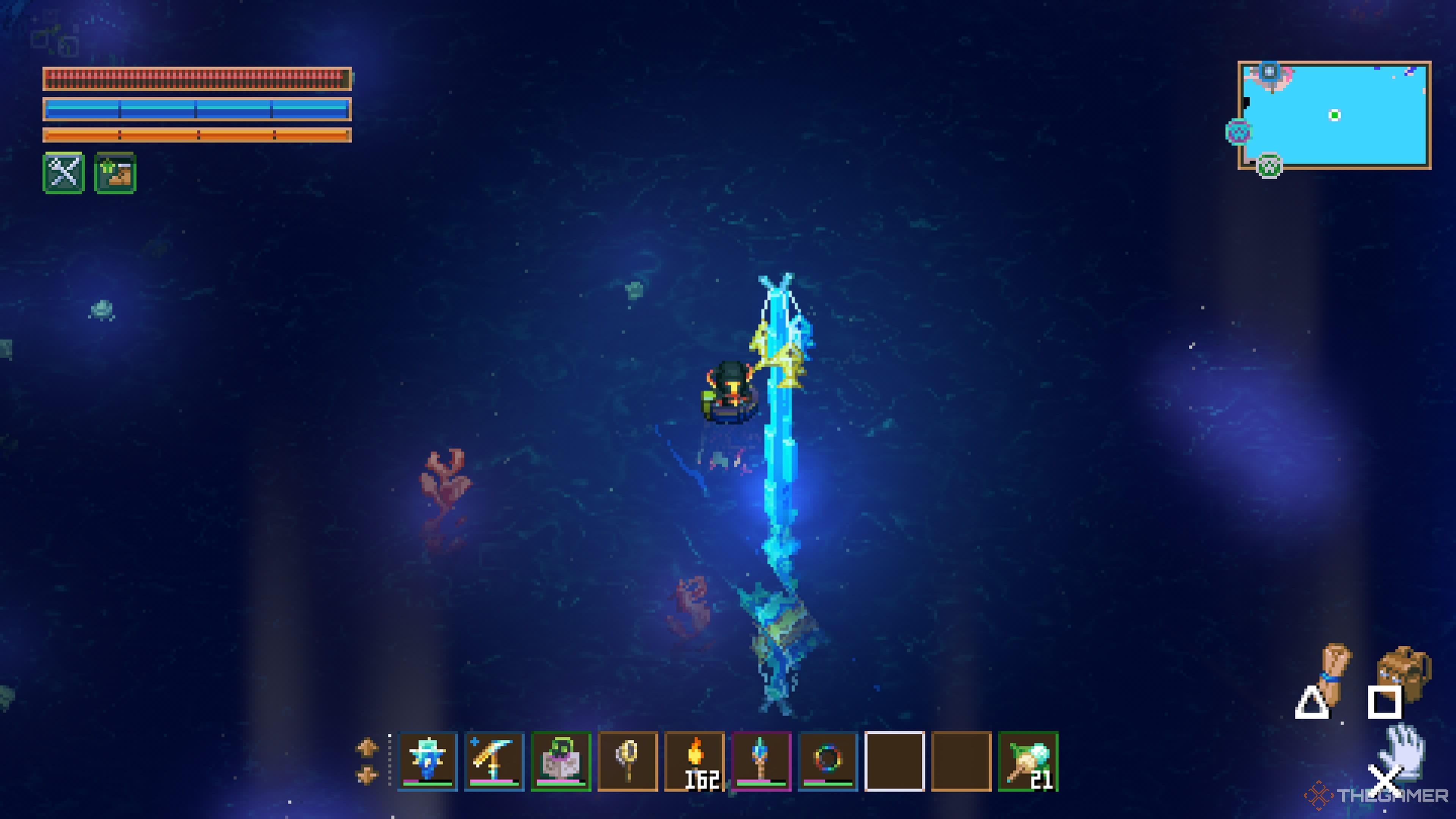 Player character sailing on a Speed Boat and floating next to a placed Bait Pillar in Core Keeper.