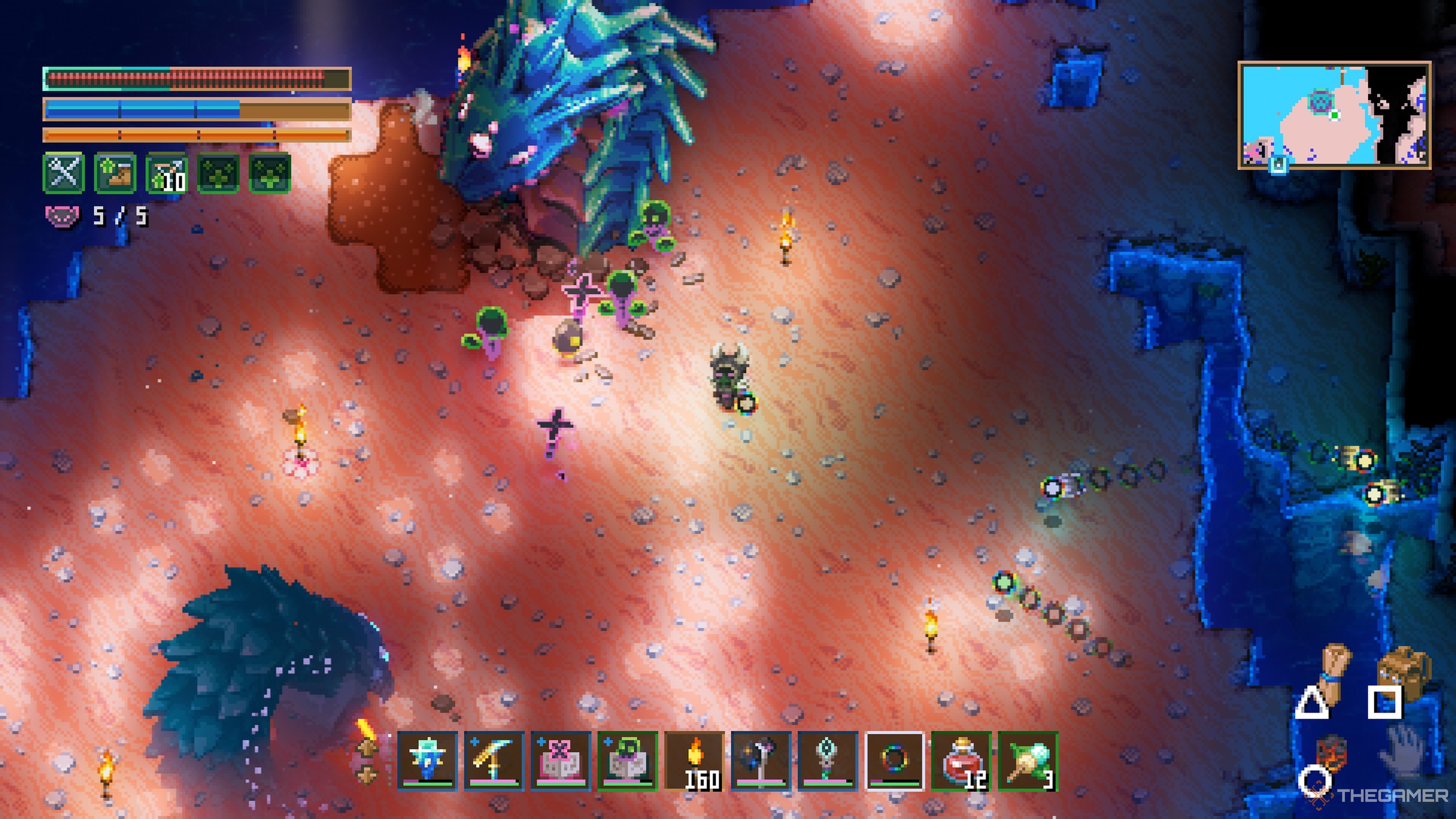 Player character attacking Crydra while its clone charges up a beam in Core Keeper.