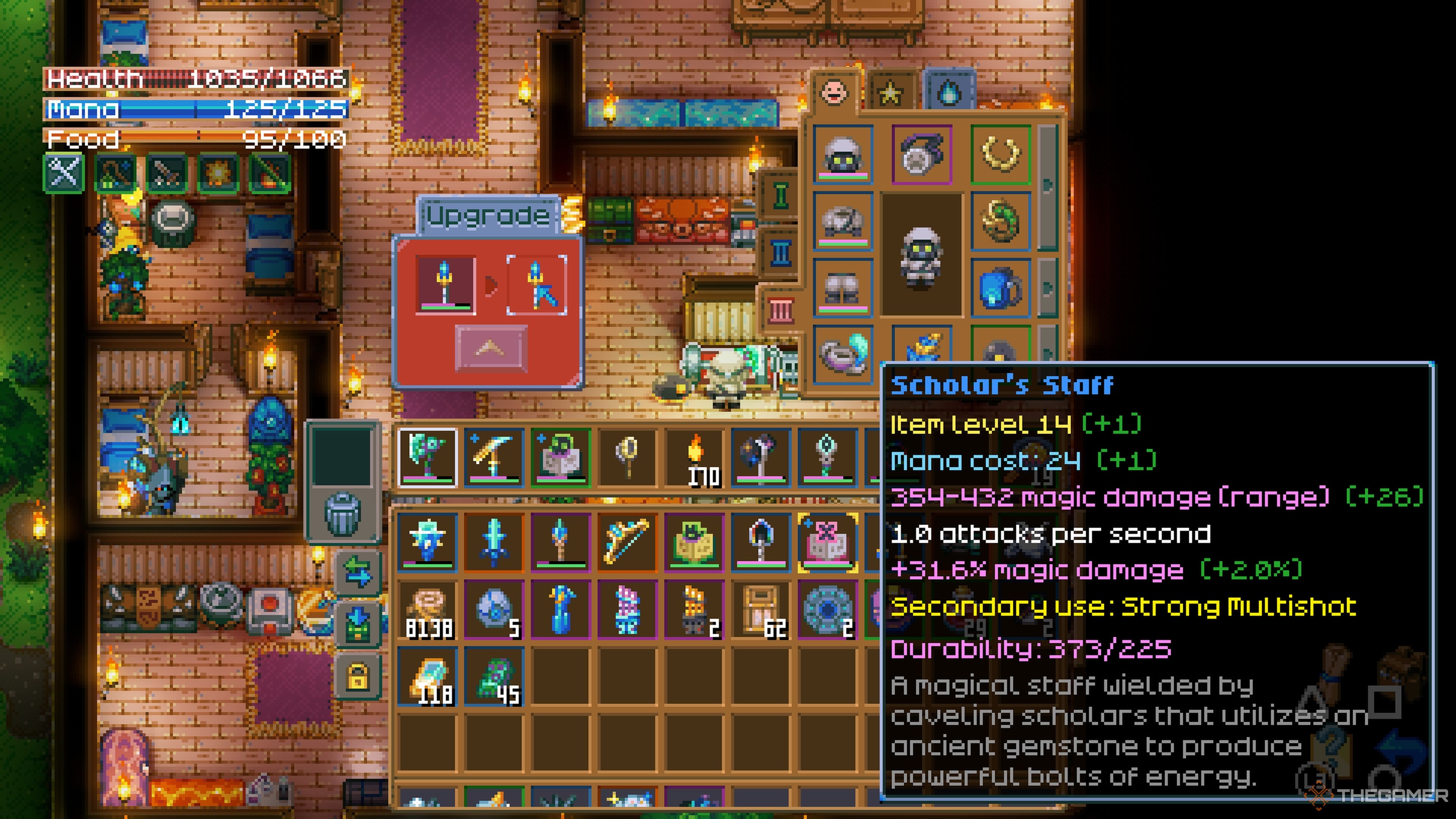 Player character using an Upgrade Workbench to see the stats of an upgraded Scholar's Staff in Core Keeper.