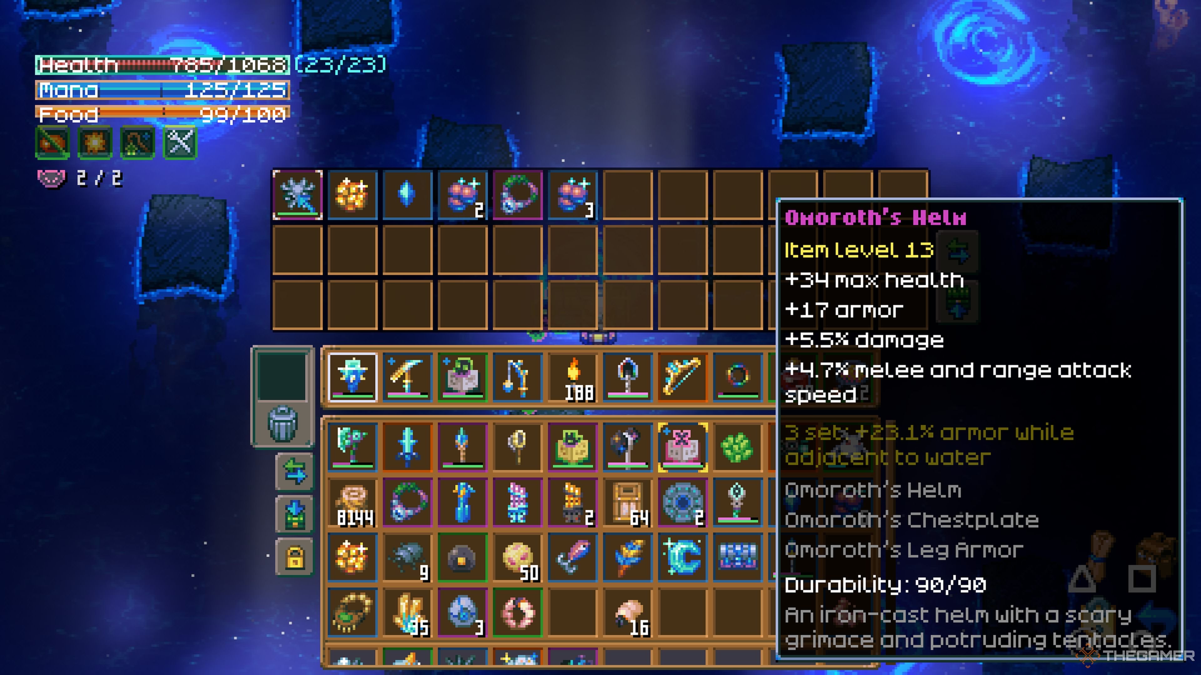 Player character looking at an Omoroth's Helm dropped by defeating Omoroth in Core Keeper.