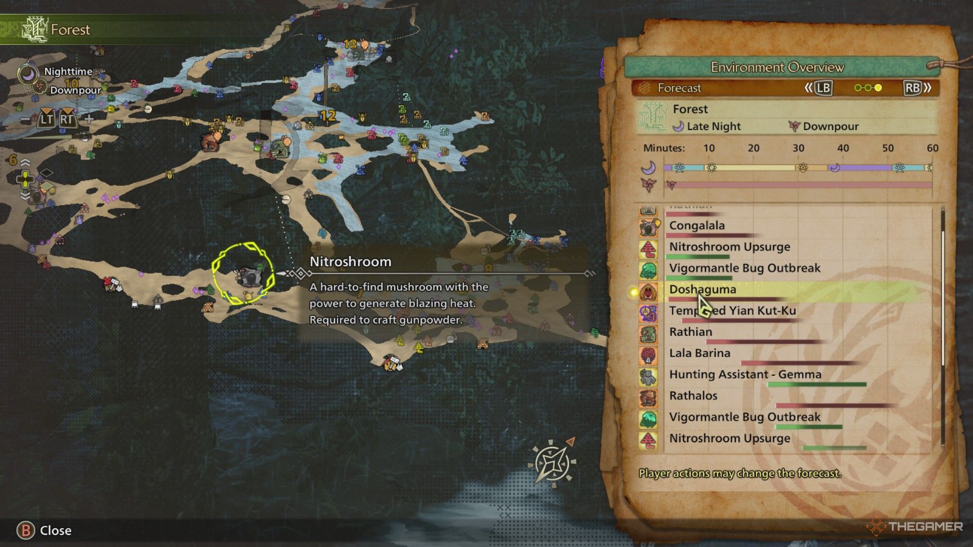 The image shows the Environment Overview Forecast of Scarlet Forest in Monster Hunter Wilds.