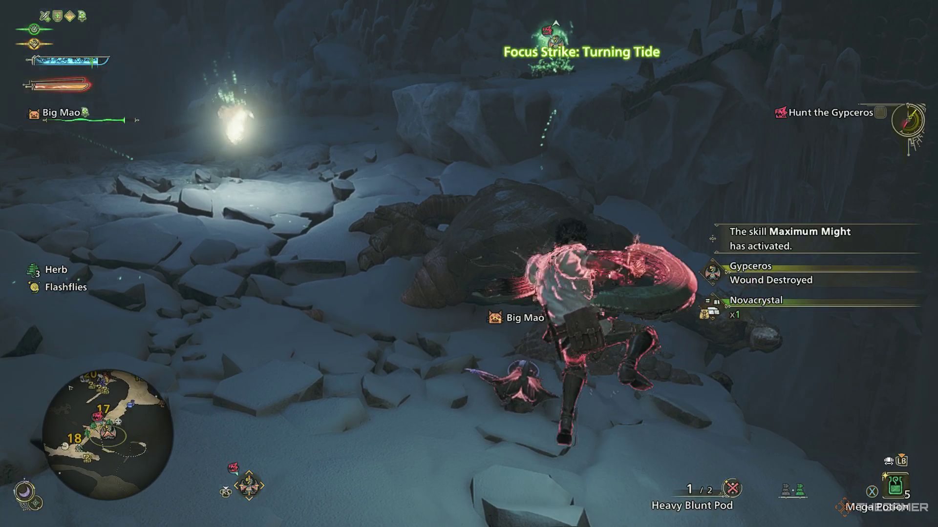 The image shows that the Hunter has obtained a Novacrystal by destroying a wound on a Gypceros in Monster Hunter Wilds.