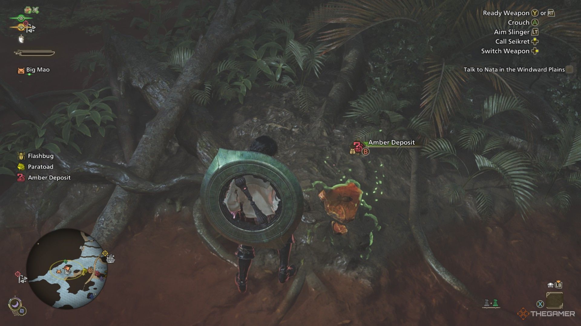 The image shows that the Hunter is about to gather Scarlet Amber Shard in Monster Hunter Wilds.