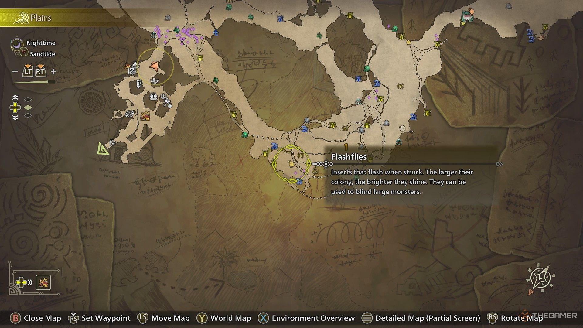 The image shows the location of Flashflies on the map in Monster Hunter Wilds.