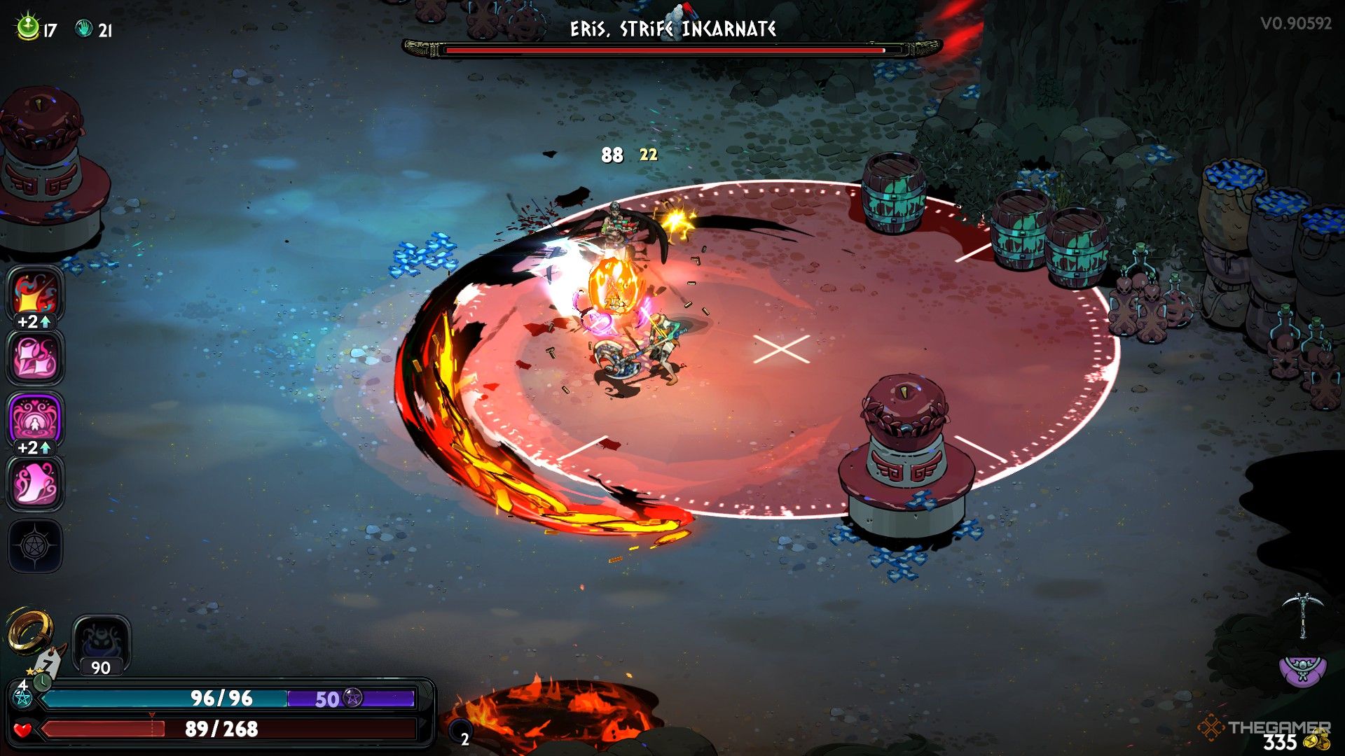 Melinoe fights Eres with Hestia-infused, flaming Moonstone Axe as a rocket falls overhead in Hades 2.