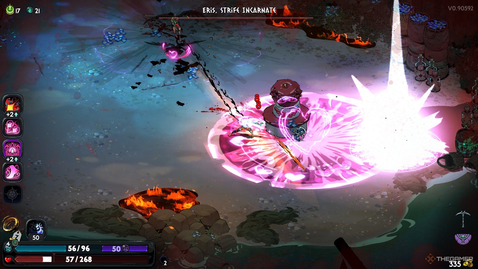 Melinoe uses the Moonstone Axe and casts her Omega Special infused with Aphrodite's power in the wrong direction when facing Eris in Hades 2.
