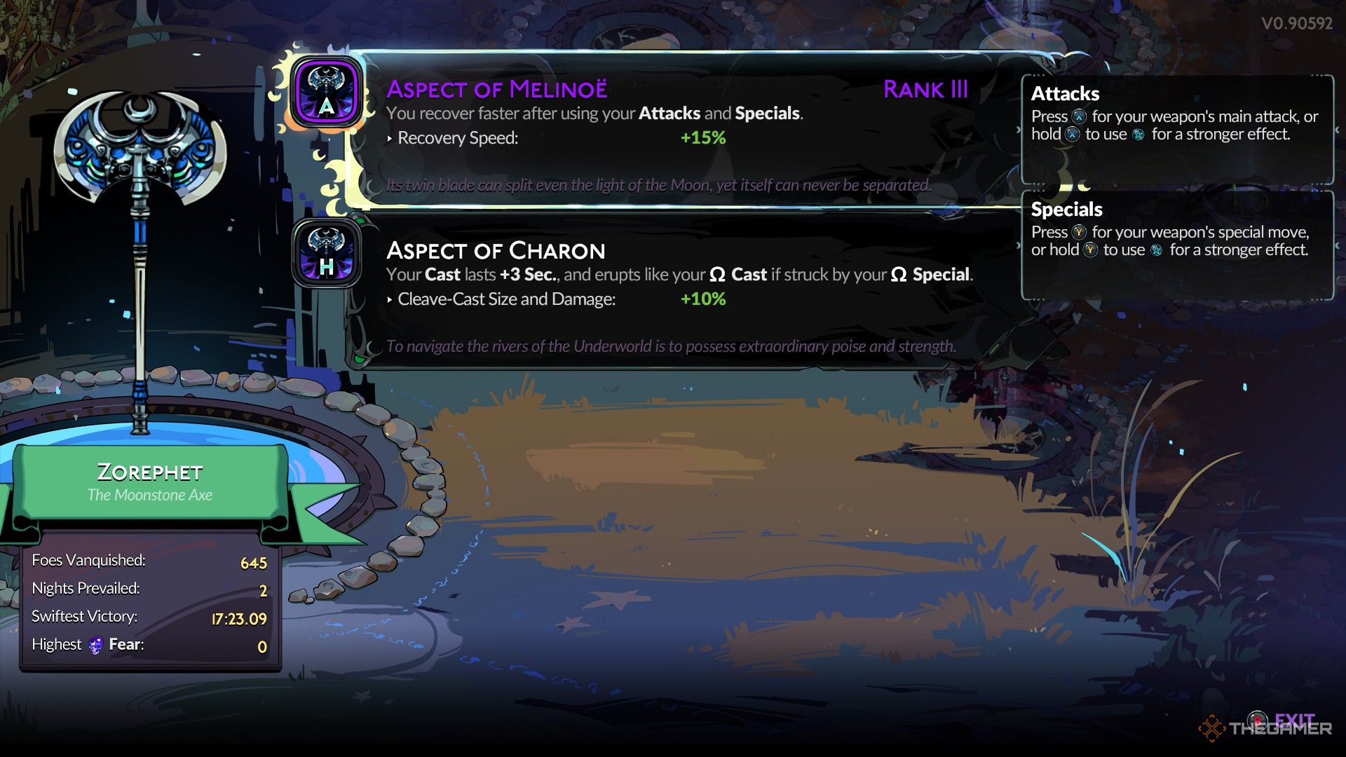 Player inspects the two potential aspects of the Moonstone Axe as well as its victory statistics in Hades 2.