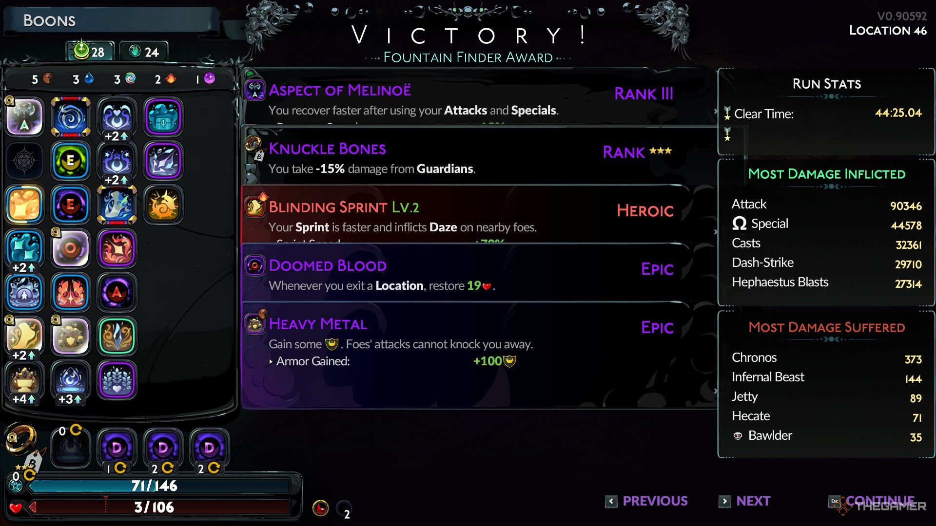 Player looks at all boons used with the Aspect of Melinoe Moonstone Axe after defeating Chronos in Hades 2.
