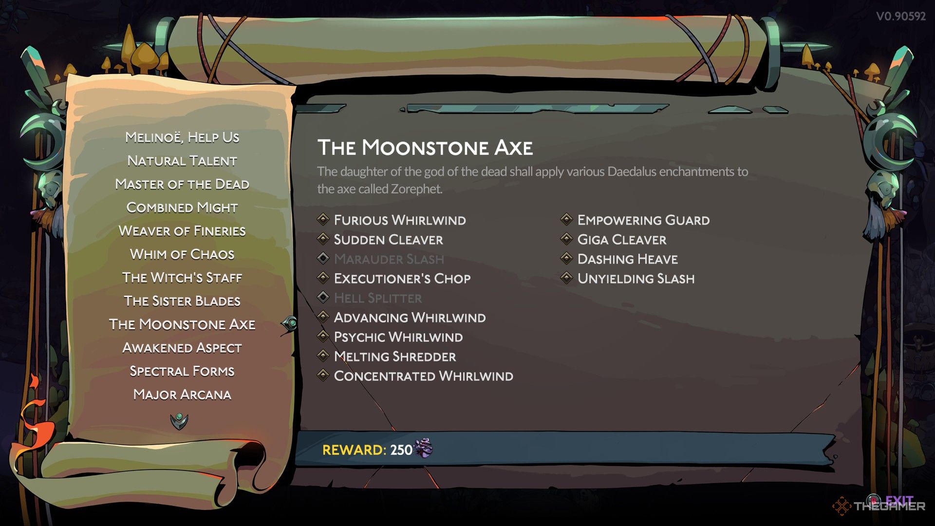 Player inspects remaining Weapon Upgrades on the Fated List for the Moonstone Axe in Hades 2.