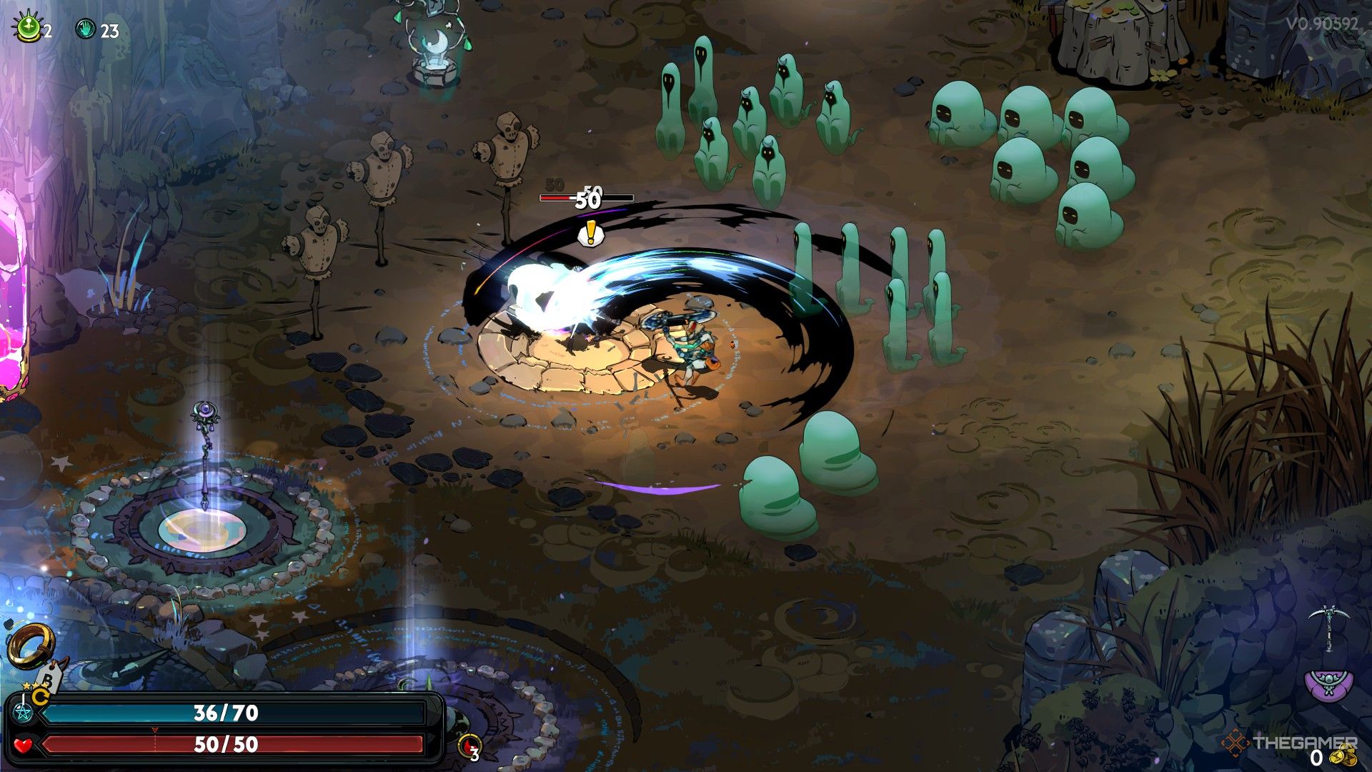 Melinoe attacks Schelemeus with the Moonstone Axe by charging her Omega Attack and spinning in Hades 2.