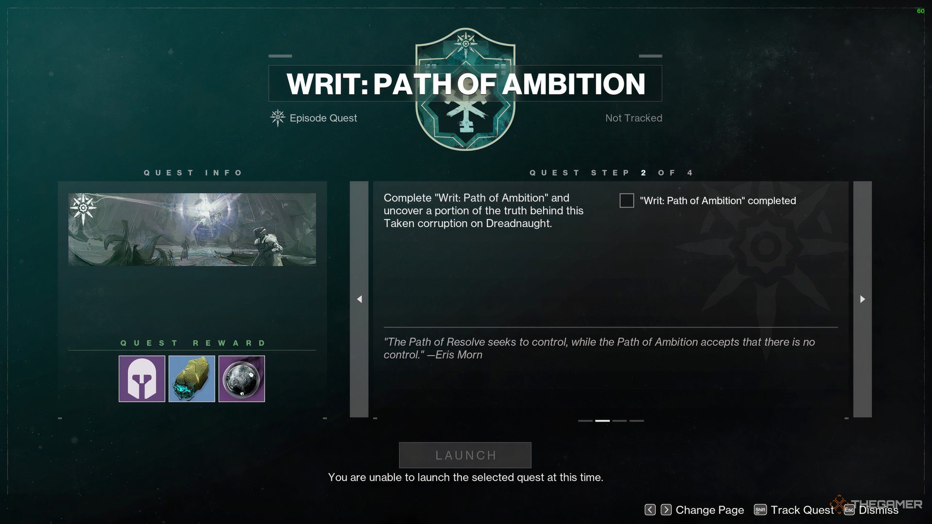 Writ: Path of Ambition detailed in the Quest Log in Destiny 2: Heresy Act II.