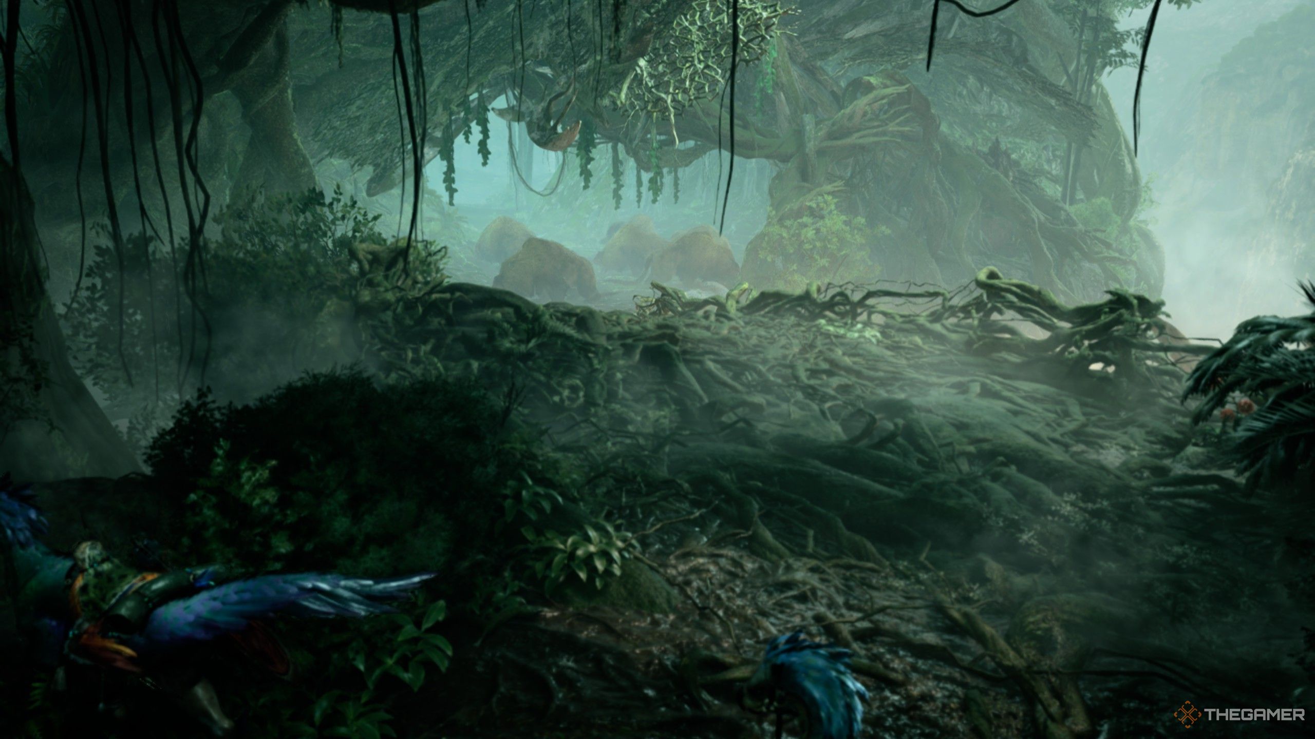 A bunch of gnarled branches in the scarlet forest in monster hunter wilds.