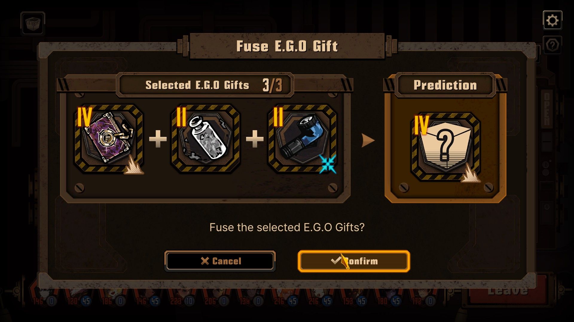 A player in Limbus Company attempts to fuse a tier IV EGO gift. 