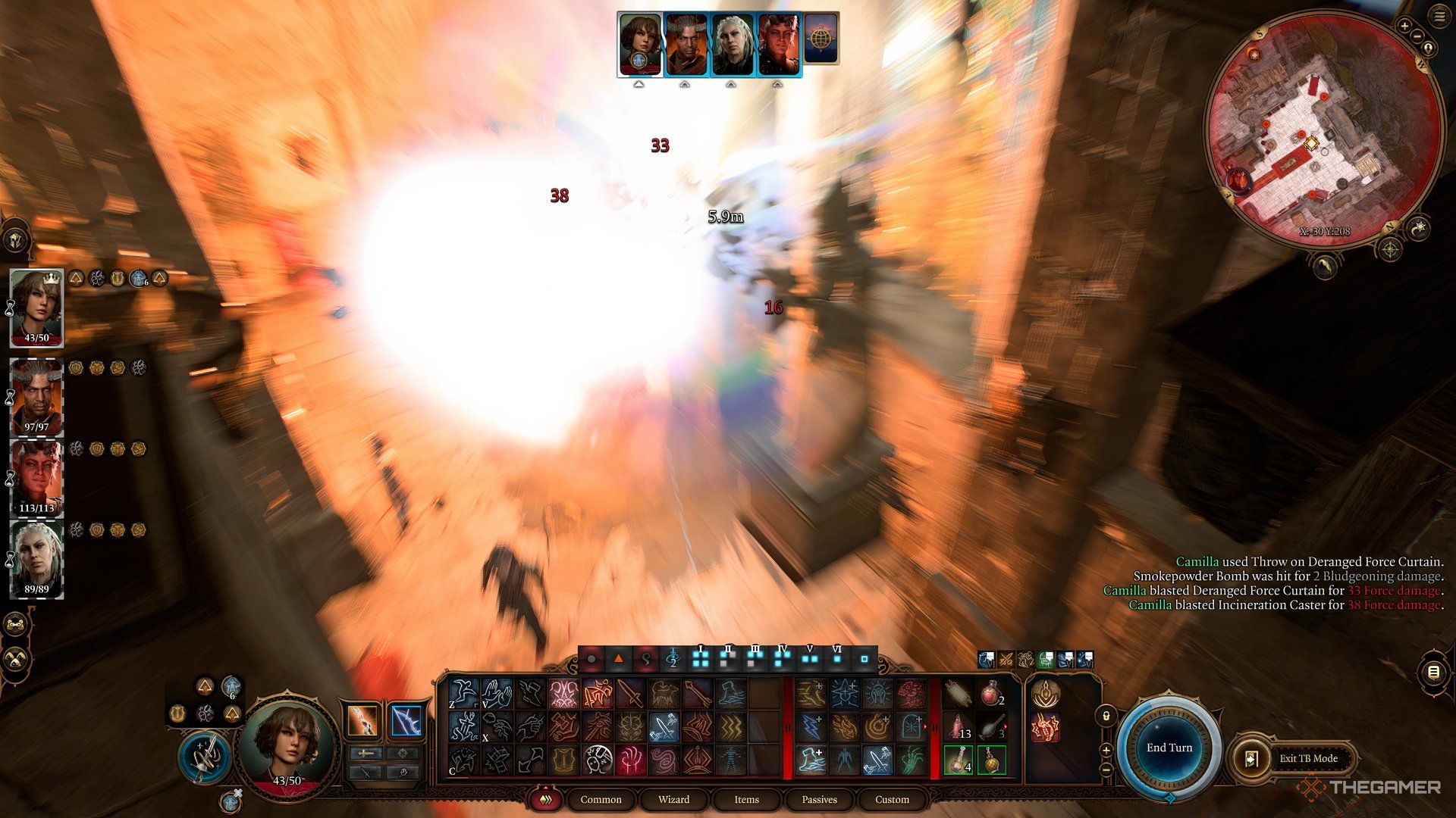 Player throws a smokepowder bomb into the traps behind Enver Gortash in Baldur's Gate 3.
