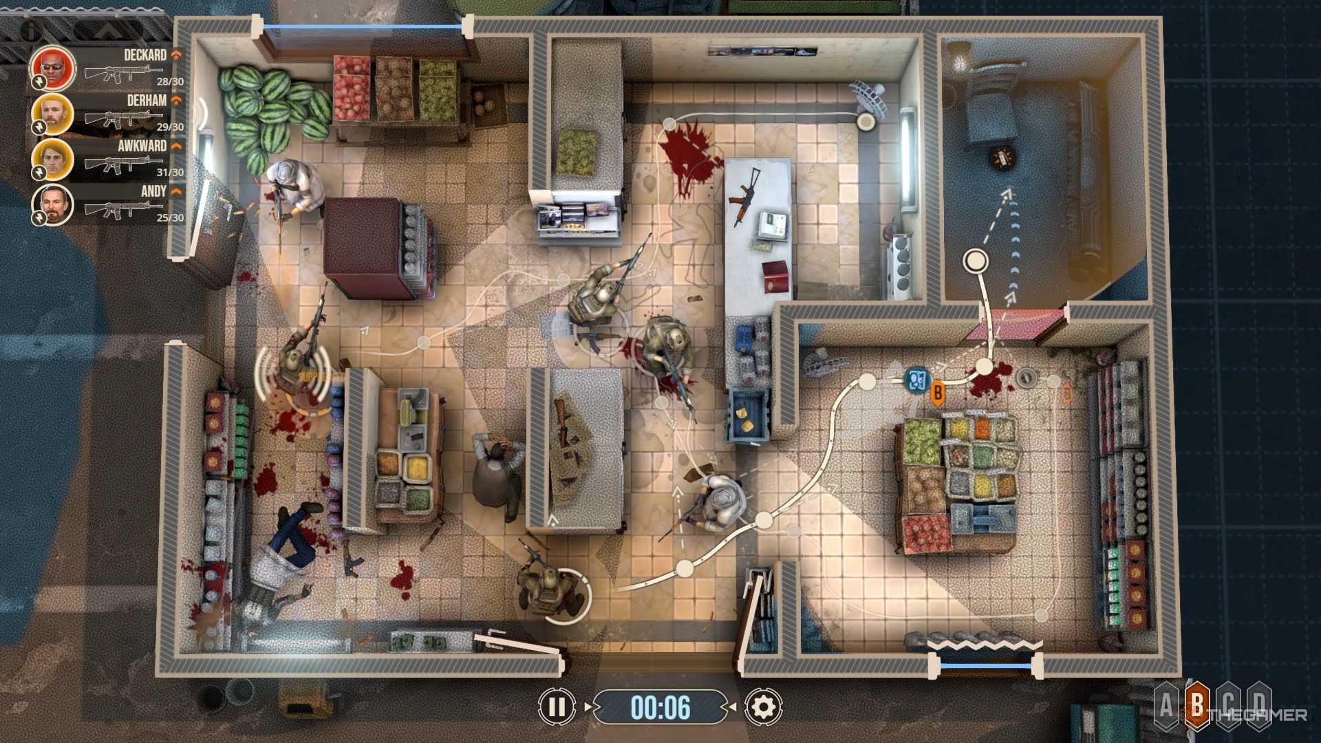 Door Kickers 2: Task Force North - A sqaud eliminating threats in a market.