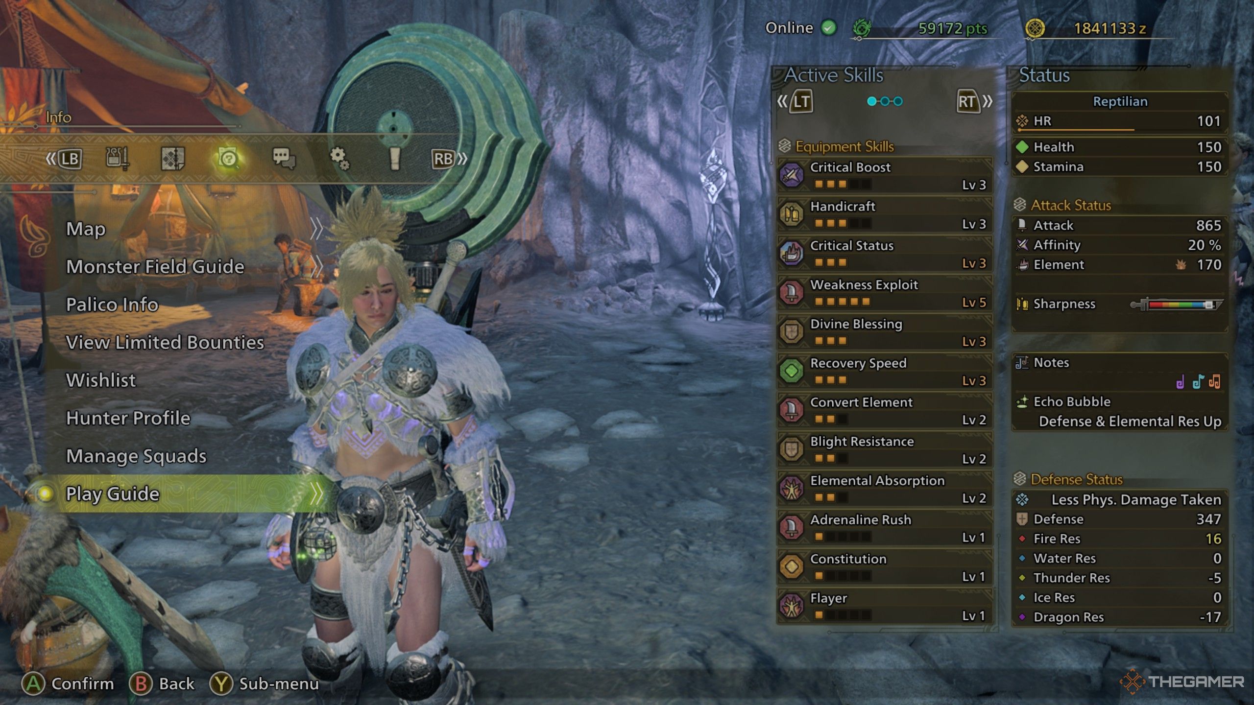 A hunter with the equipment skills displayed including affinity in monster hunter wilds.