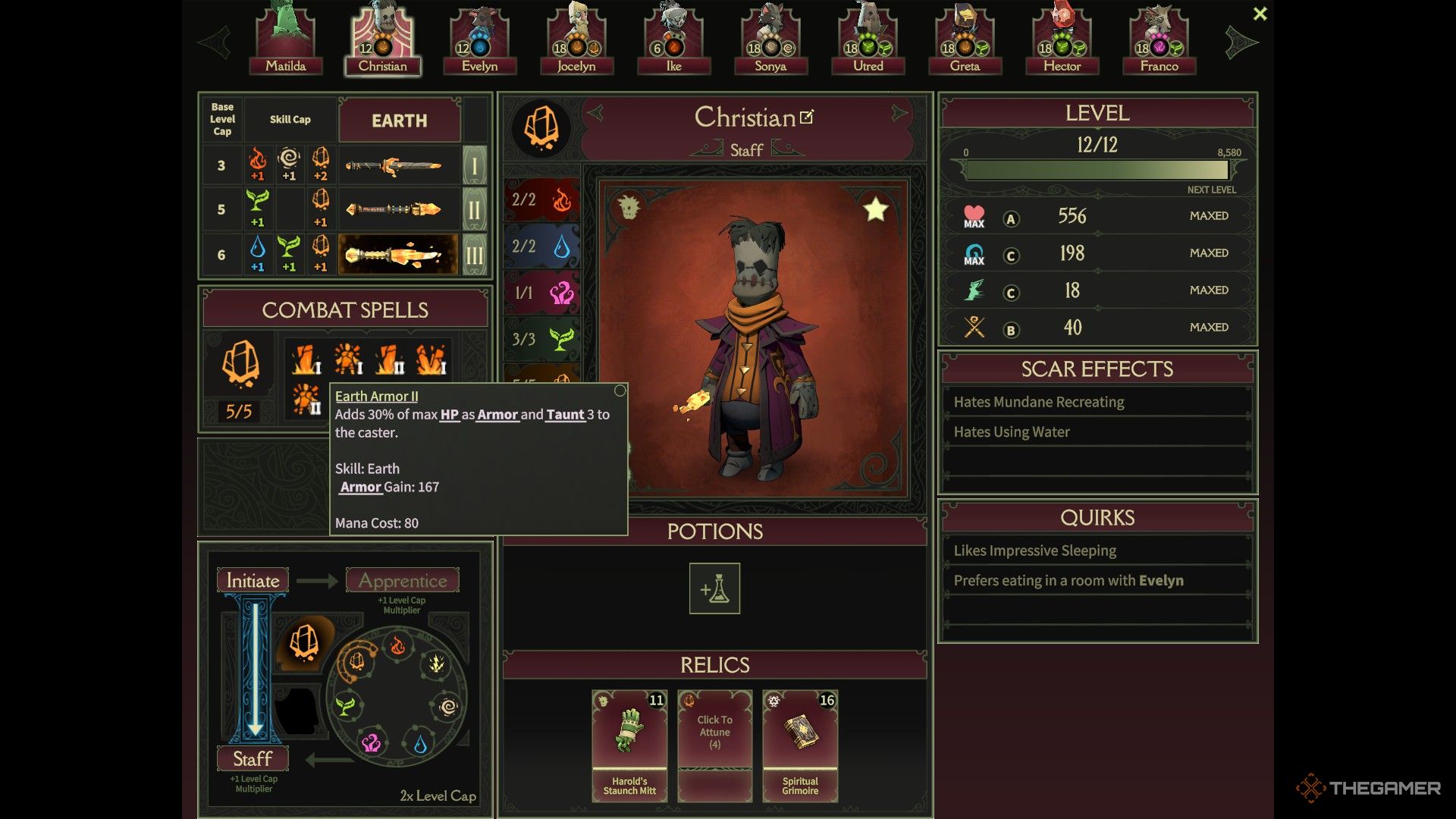 The character sheet of a vivified earth mage in mind over magic.