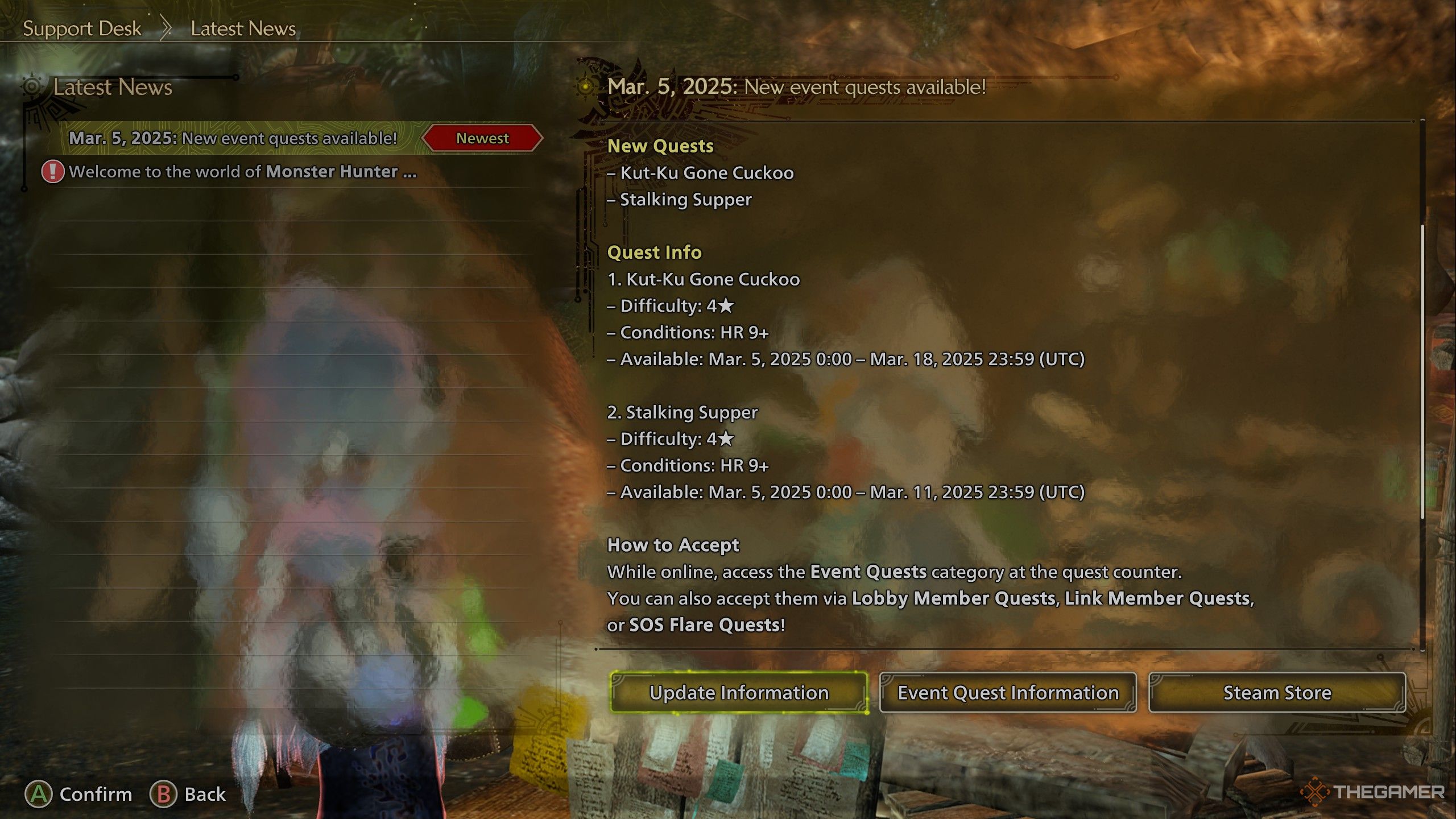 Monster Hunter Wilds event quests shown in the news menu with event periods.